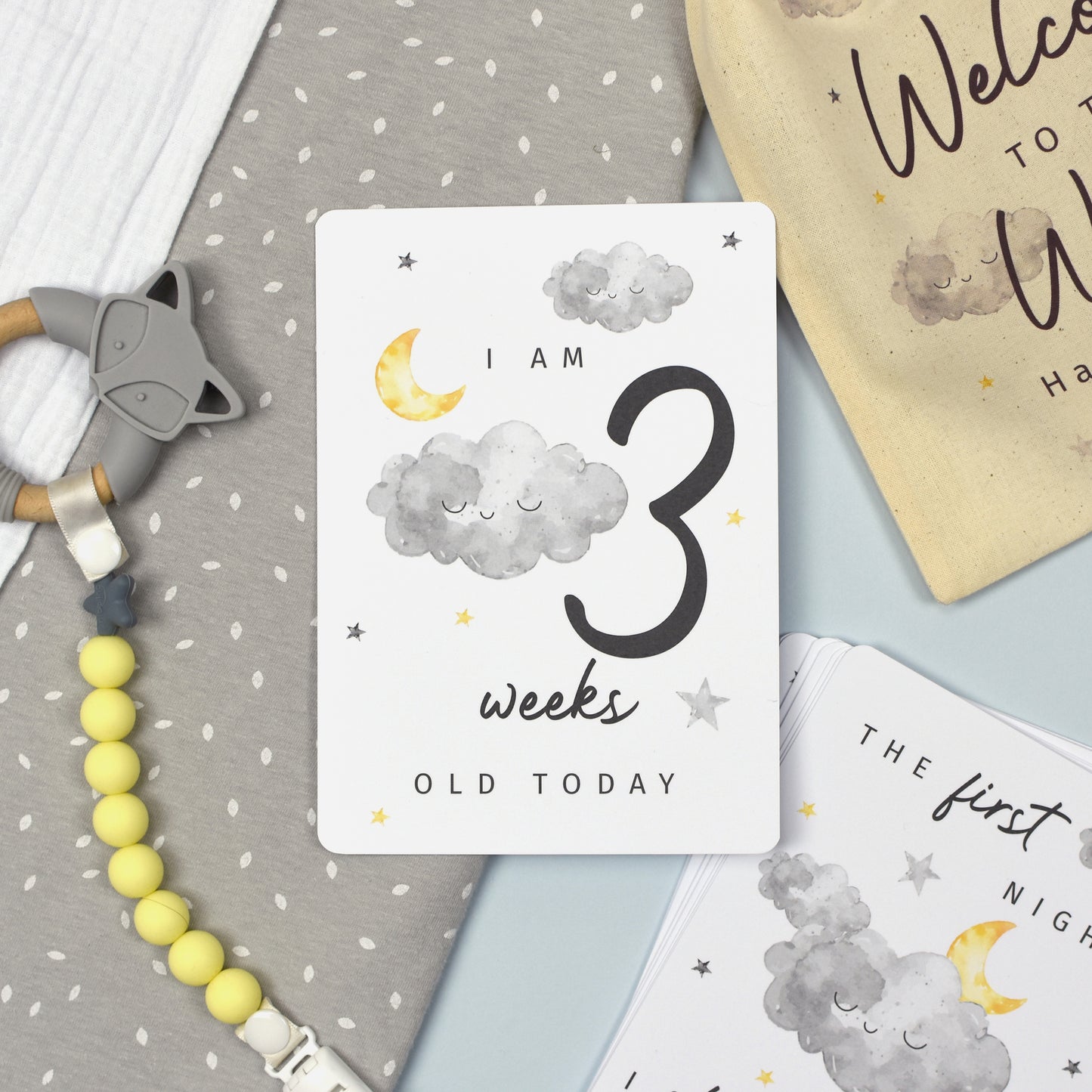 Personalised Cloud Baby Milestone Cards In Drawstring Bag - MK&JD Gifts