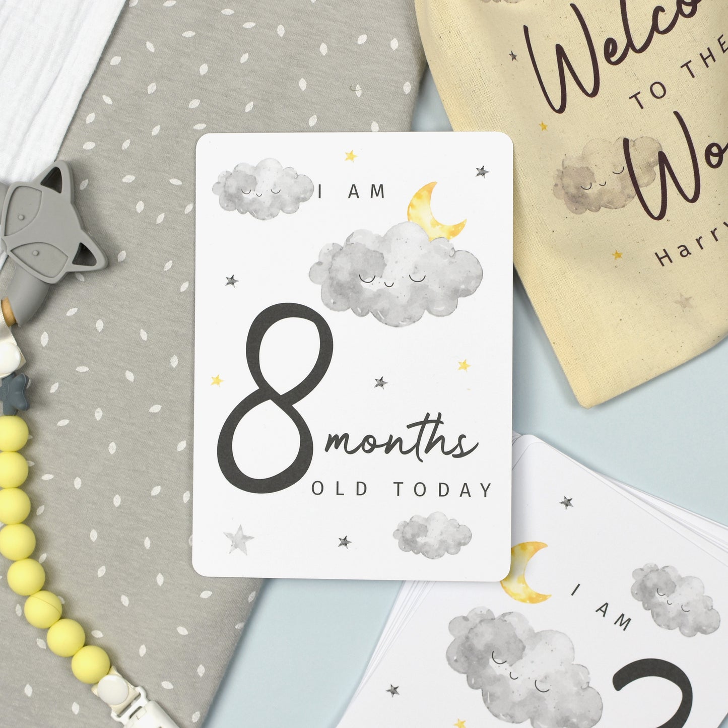 Personalised Cloud Baby Milestone Cards In Drawstring Bag - MK&JD Gifts