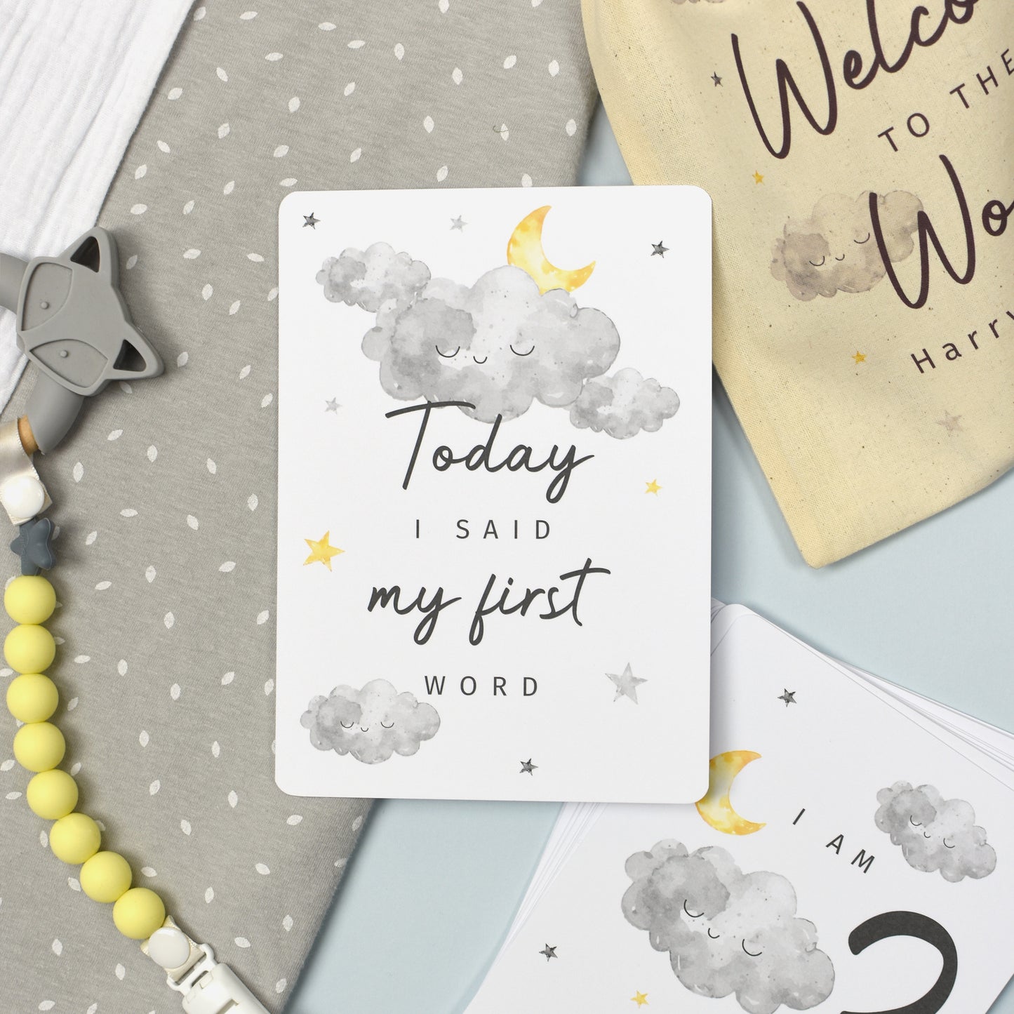 Personalised Cloud Baby Milestone Cards In Drawstring Bag - MK&JD Gifts