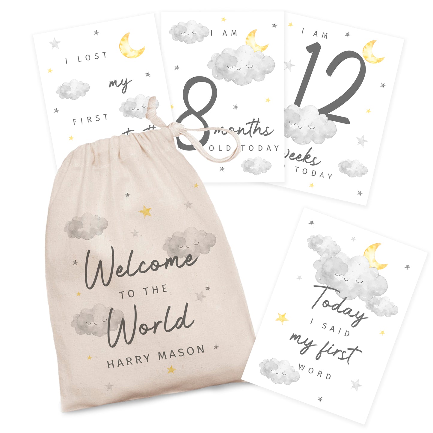 Personalised Cloud Baby Milestone Cards In Drawstring Bag - MK&JD Gifts