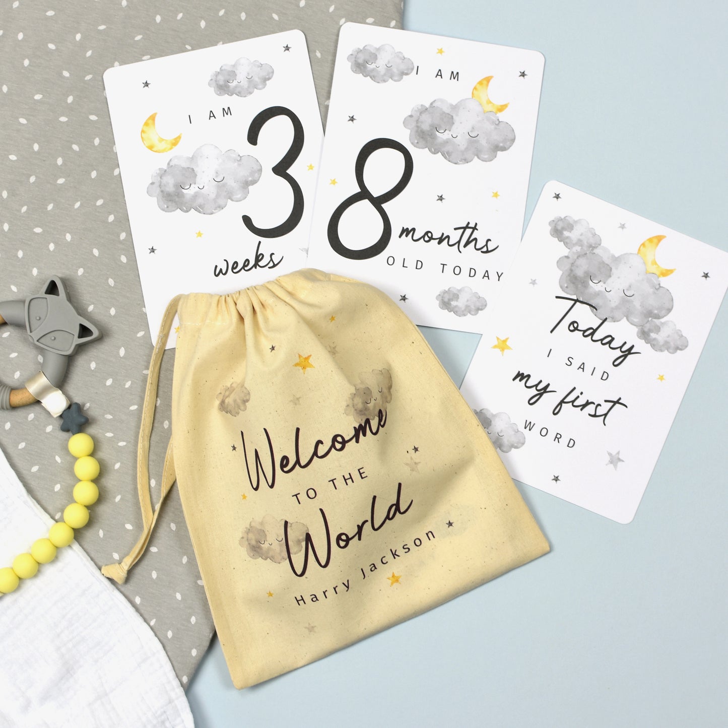 Personalised Cloud Baby Milestone Cards In Drawstring Bag - MK&JD Gifts