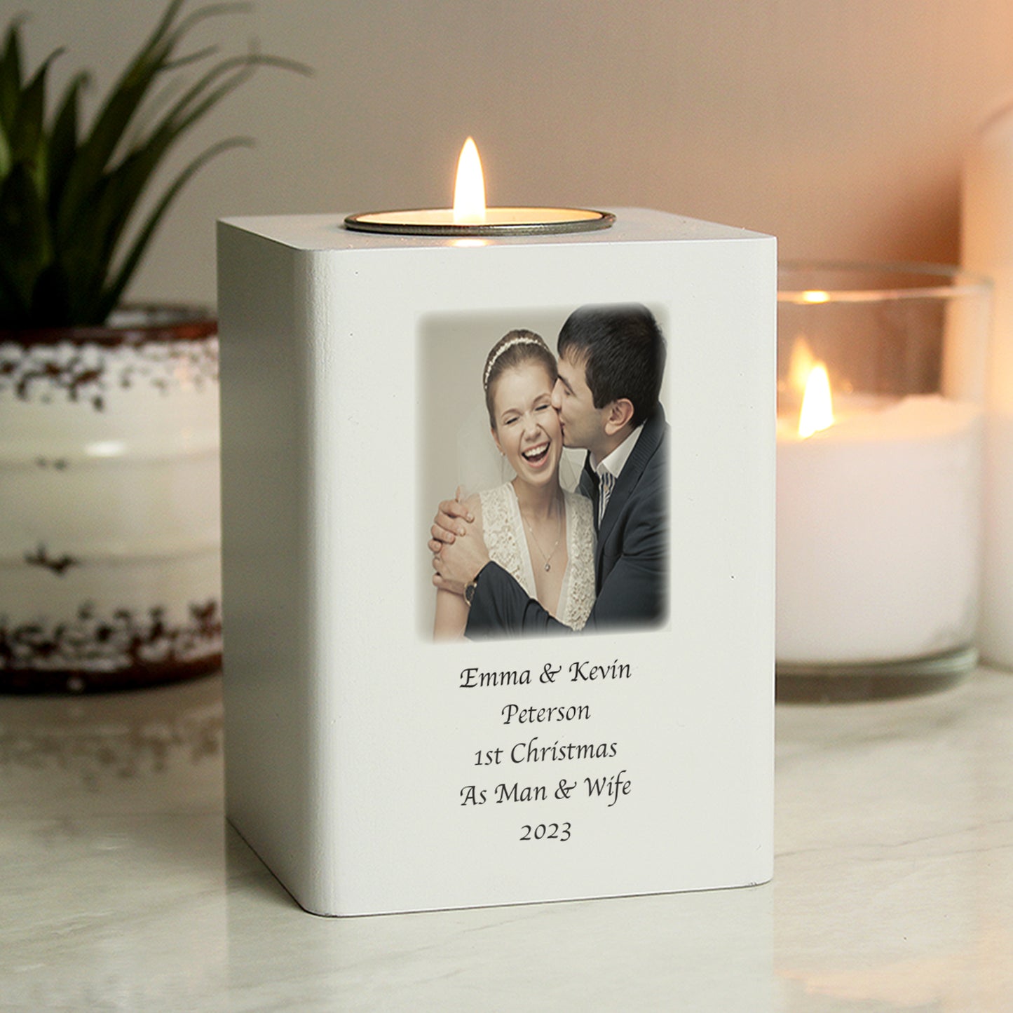 Personalised Photo Upload White Wooden Tea light Holder - MK&JD Gifts