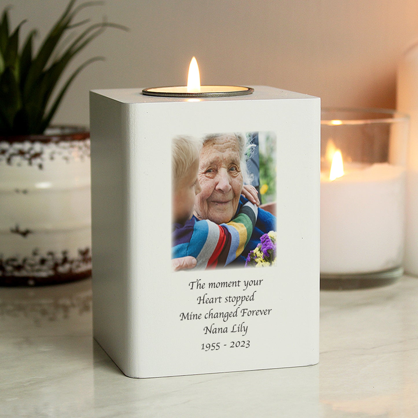 Personalised Photo Upload White Wooden Tea light Holder - MK&JD Gifts