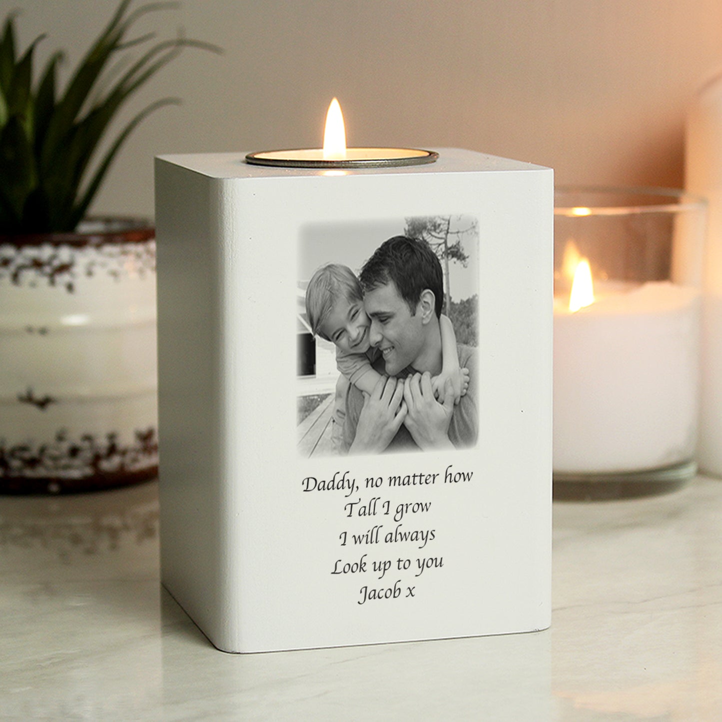 Personalised Photo Upload White Wooden Tea light Holder - MK&JD Gifts