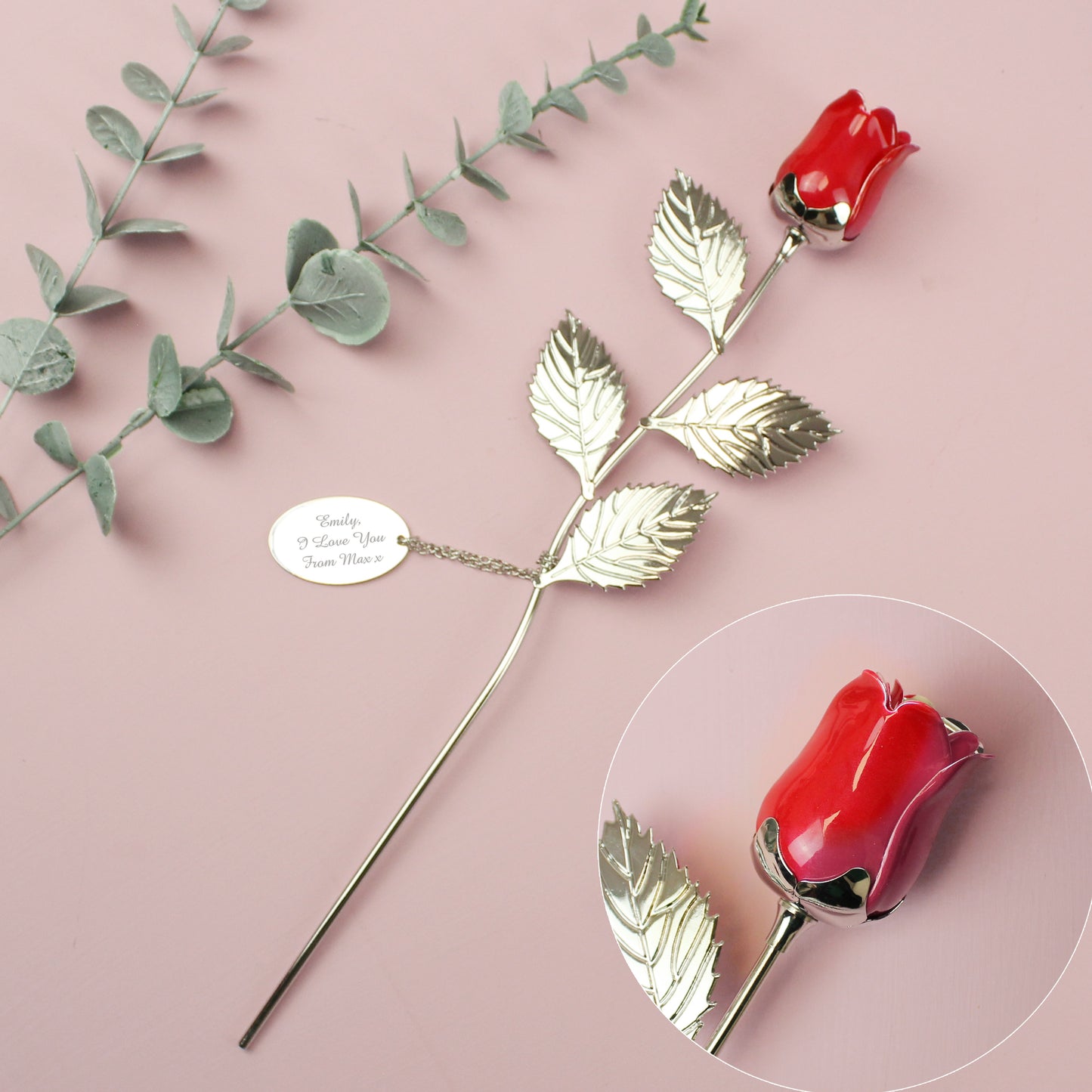 Personalised Free Text Silver Plated Red Rose - MK&JD Gifts