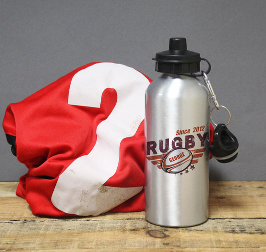Personalised Rugby Silver Drinks Bottle - MK&JD Gifts