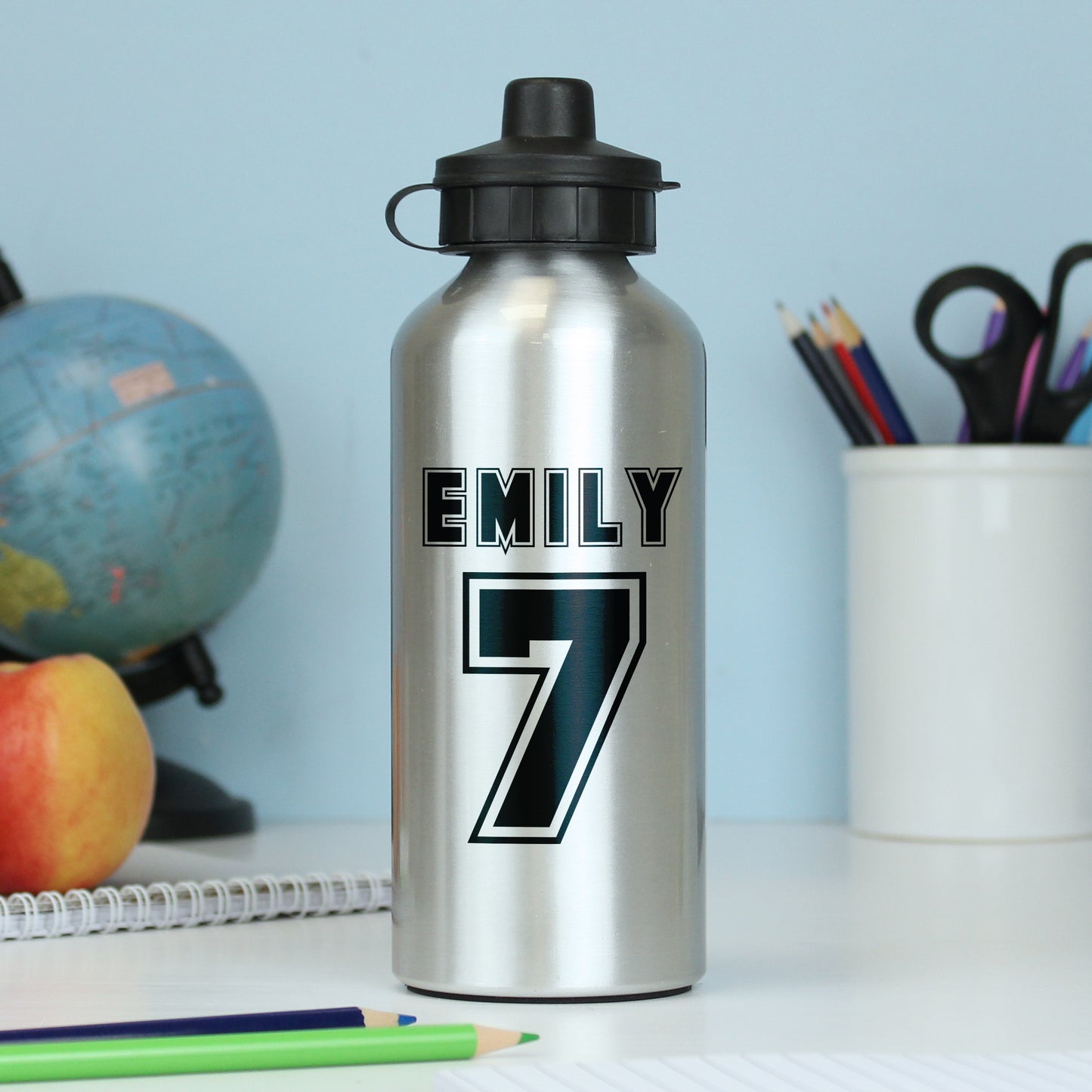 Personalised Sports Number Silver Drinks Bottle - MK&JD Gifts