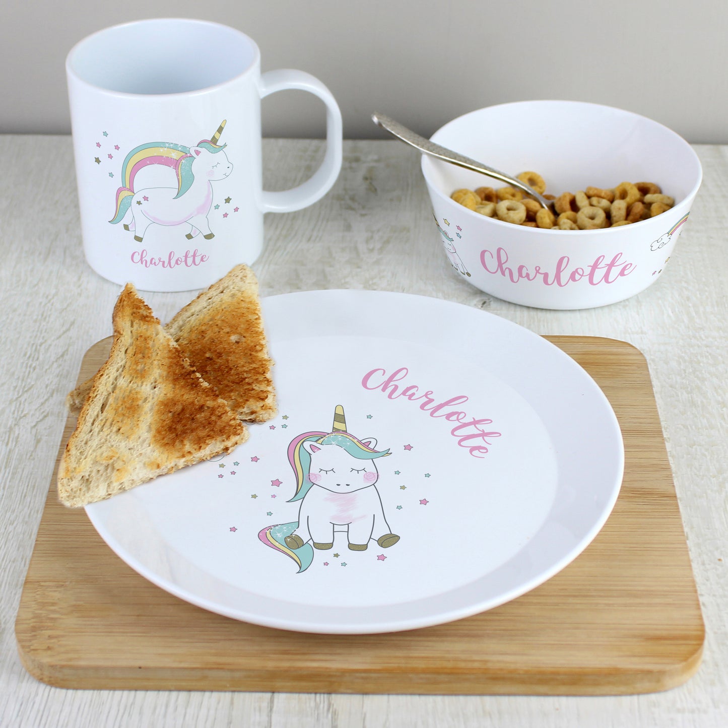 Personalised Unicorn Plastic Breakfast Set - MK&JD Gifts
