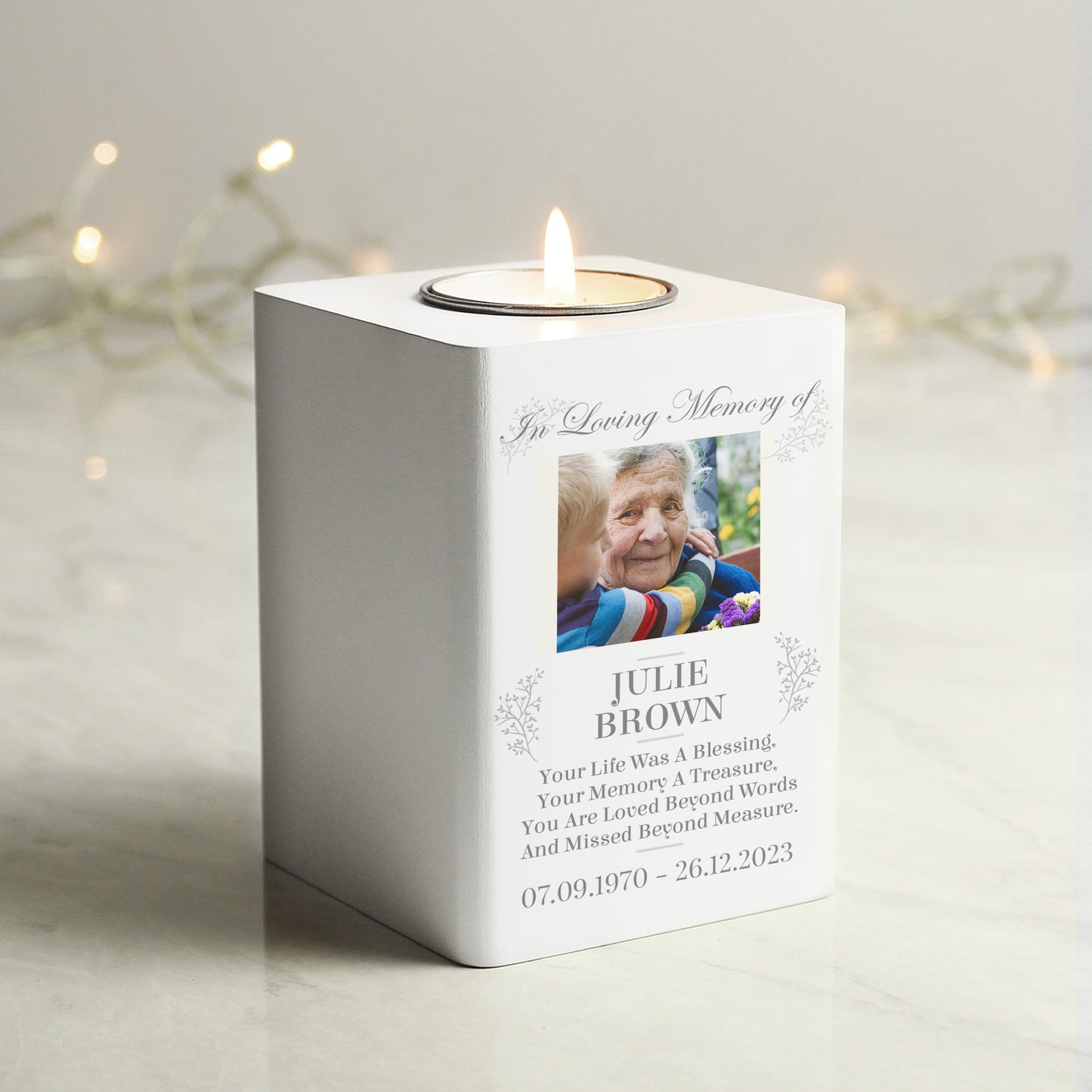 Personalised Memorial Photo Upload White Wooden Tea light Holder - MK&JD Gifts