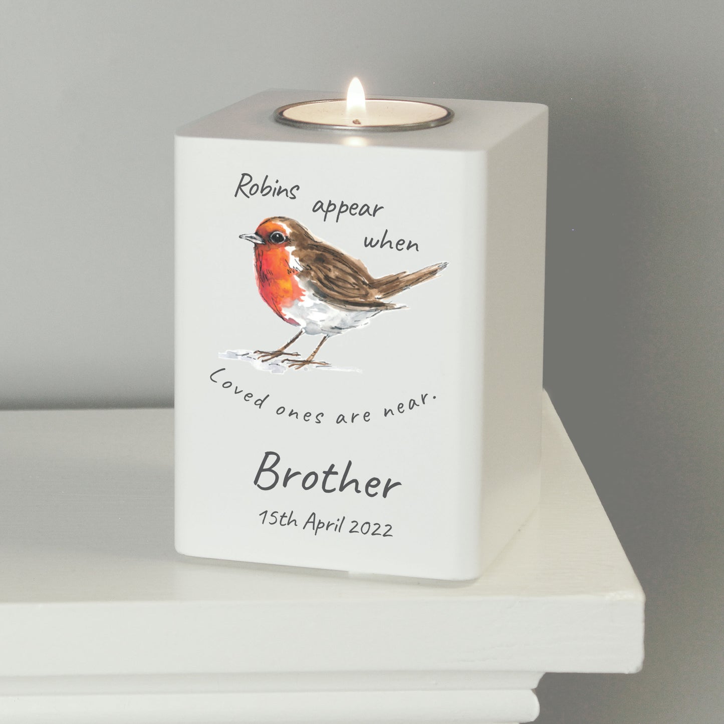 Personalised Robins Appear White Wooden Tea light Holder - MK&JD Gifts