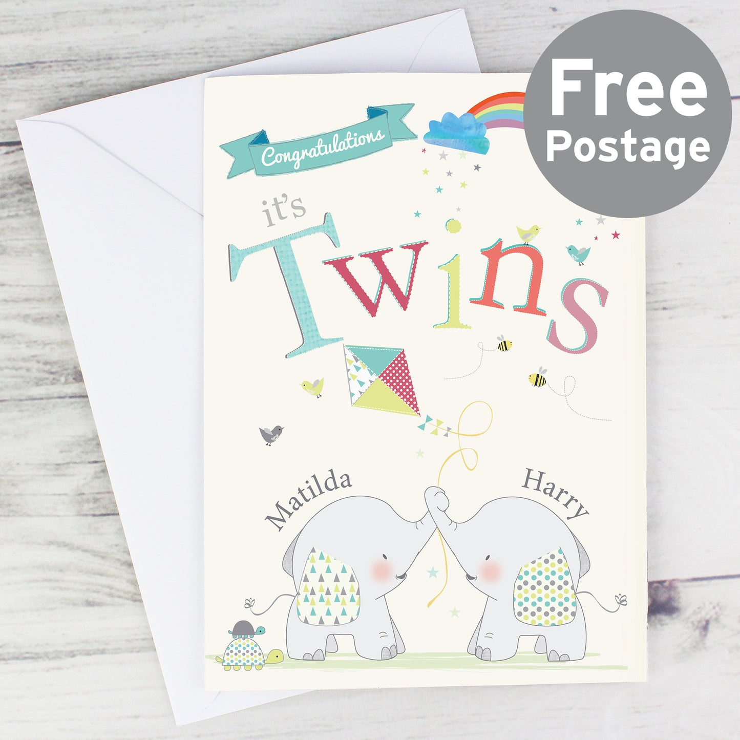 Personalised Hessian Elephant Twins Card - MK&JD Gifts