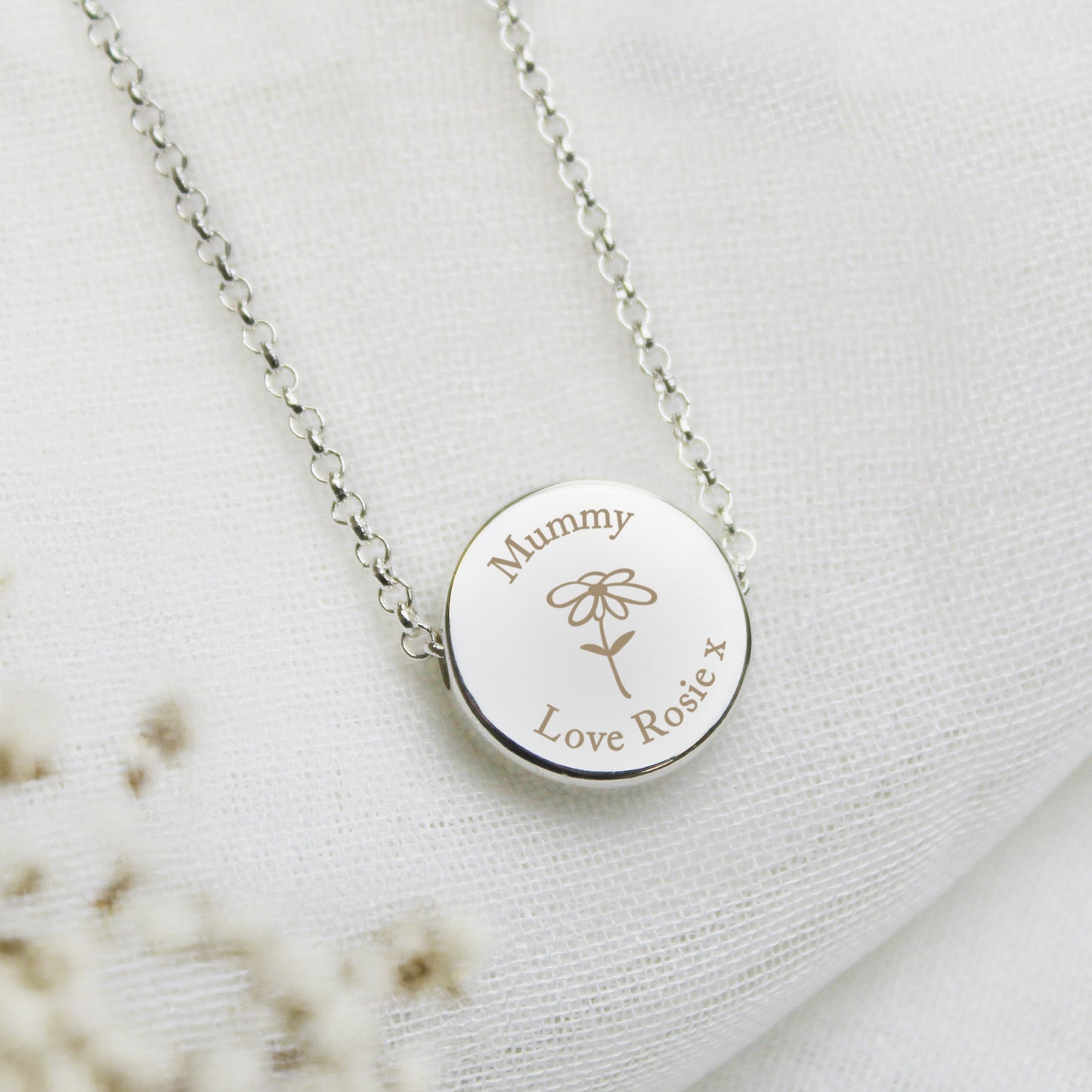 Personalised Silver Tone Flower Disc Necklace - MK&JD Gifts