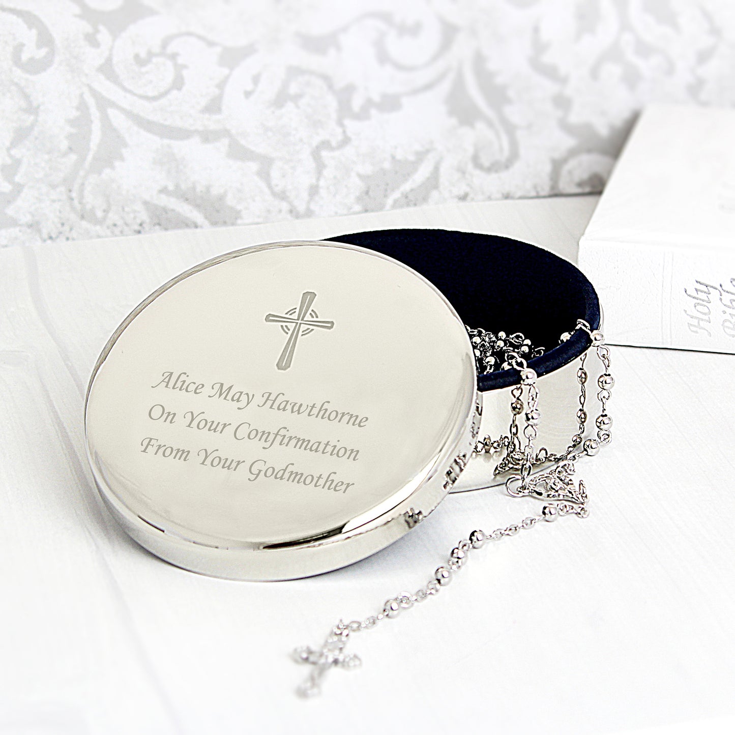 Personalised Rosary Beads and Cross Round Trinket Box - MK&JD Gifts