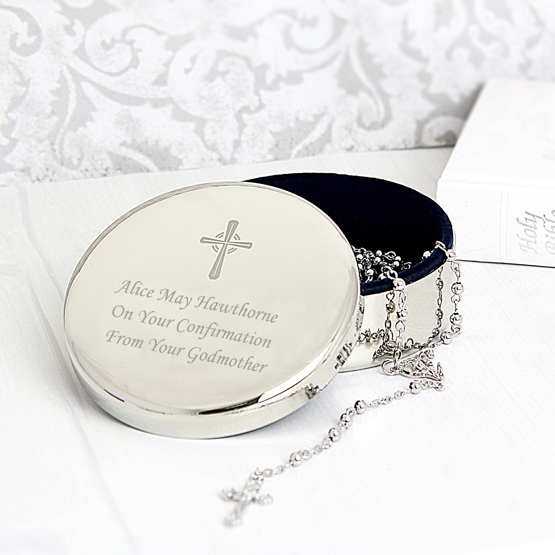 Personalised Rosary Beads and Cross Round Trinket Box - MK&JD Gifts