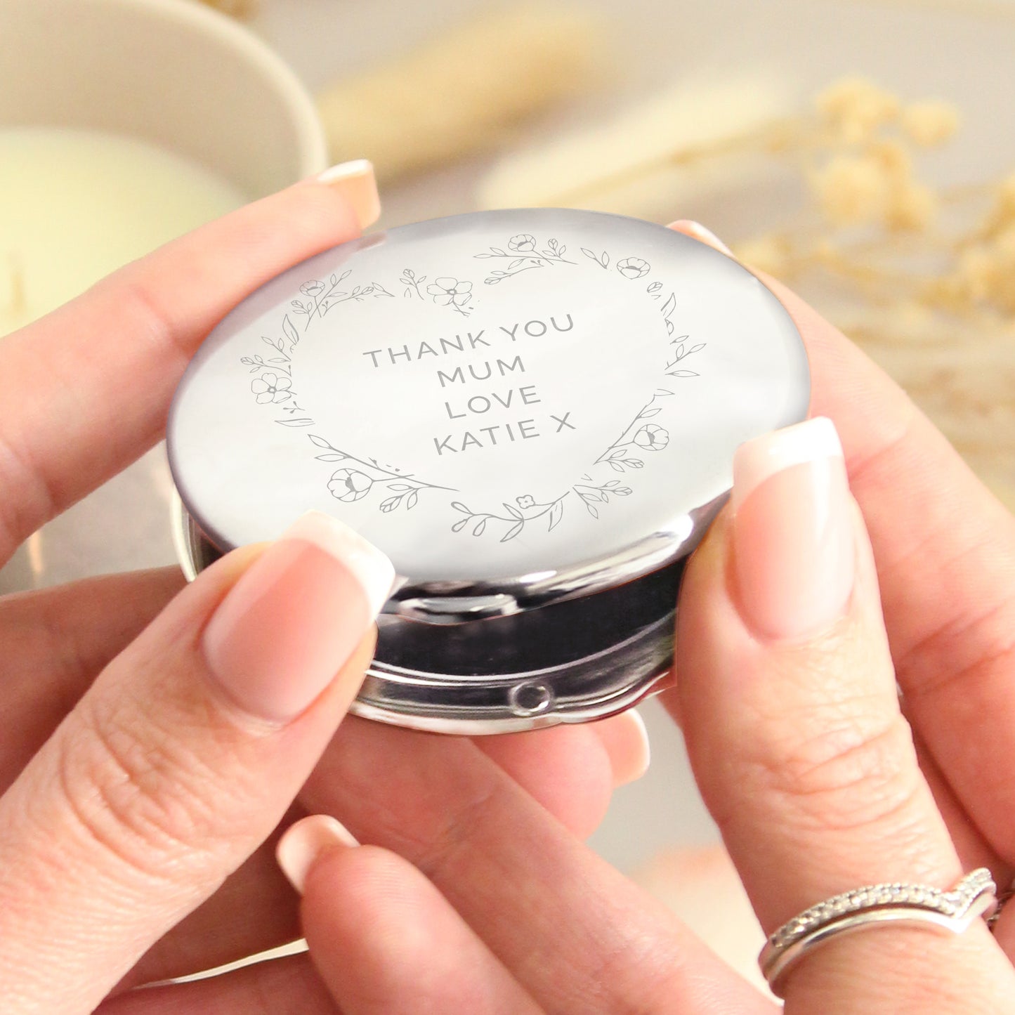 Personalised Floral Heart Compact Mirror - MK&JD Gifts
