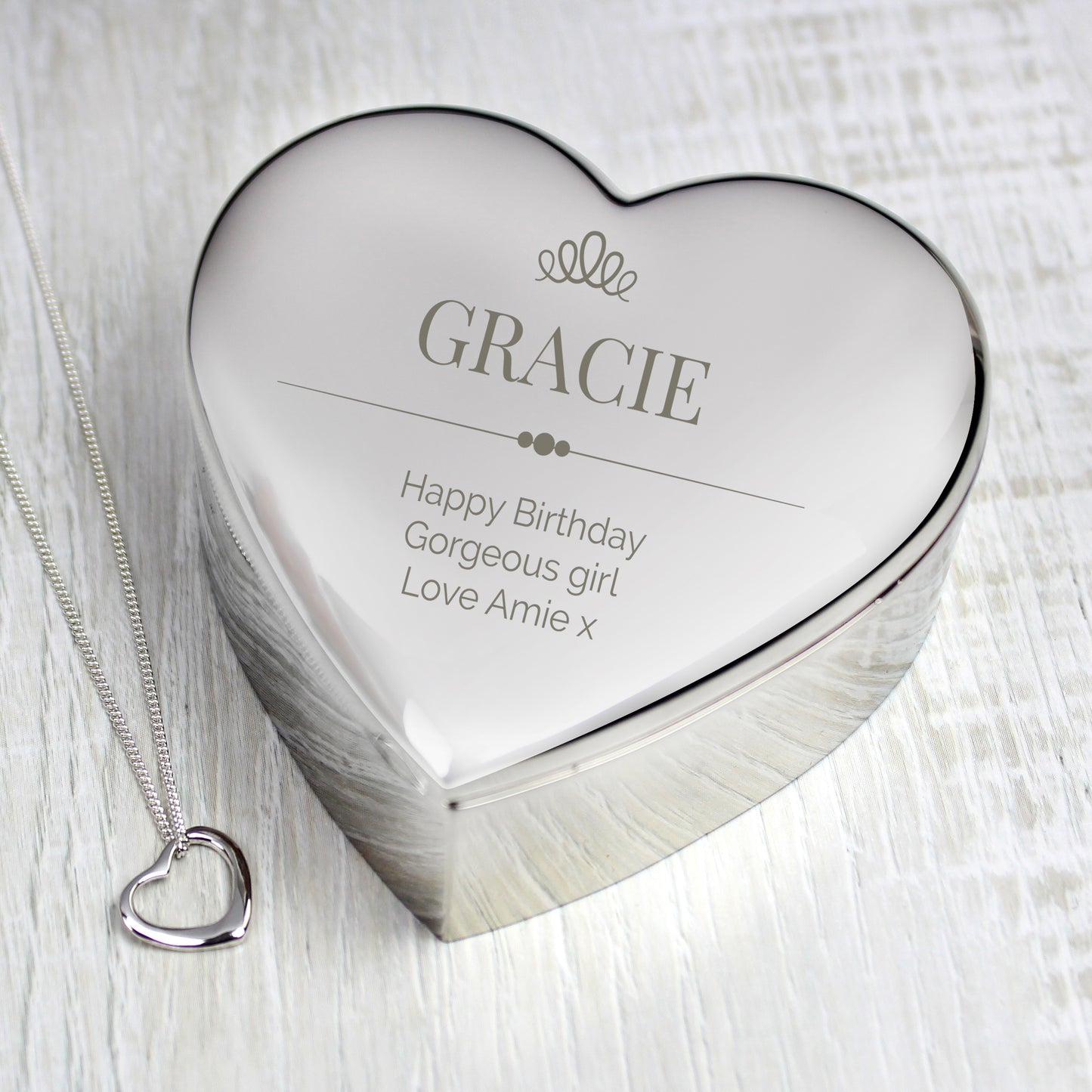 Personalised Elegant Crown Heart Trinket Box & Sterling Silver Necklace Set - MK&JD Gifts
