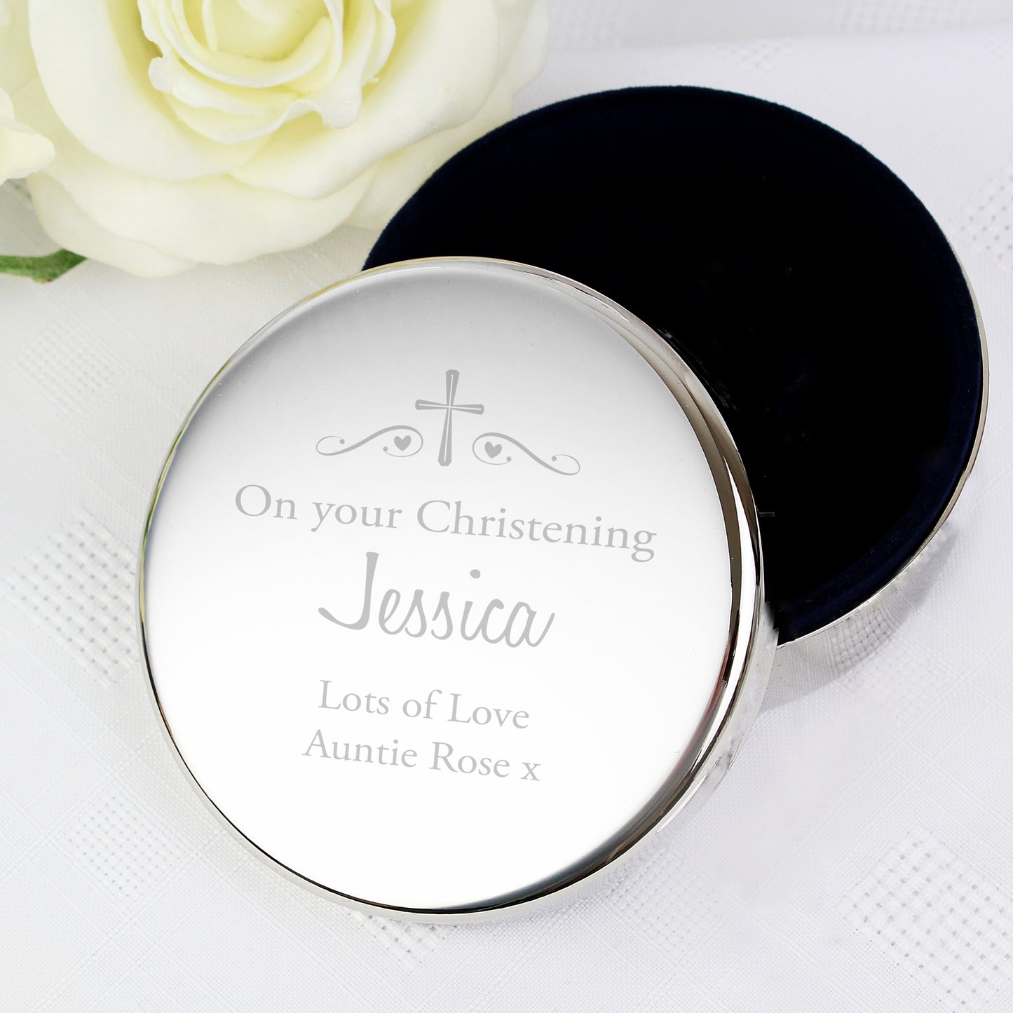 Personalised Religious Swirls & Hearts Round Trinket Box - MK&JD Gifts