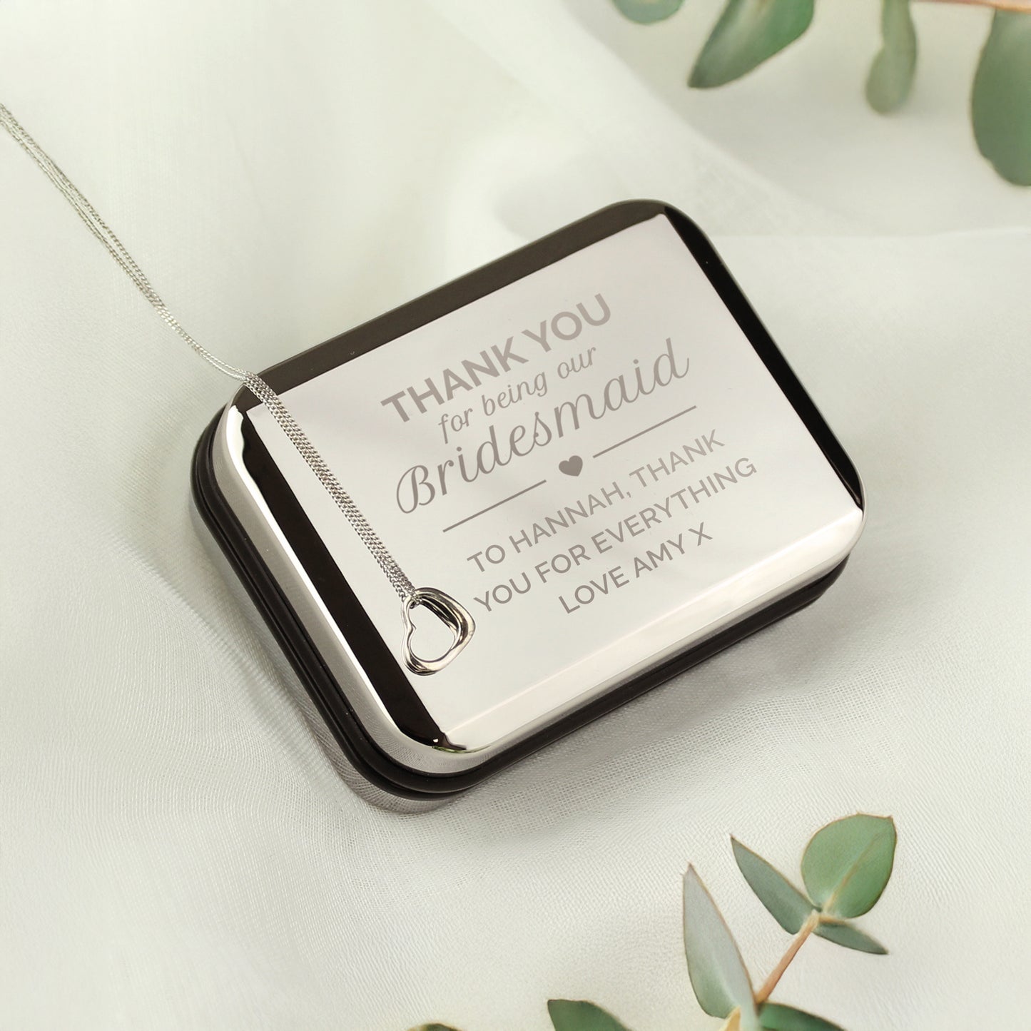 Personalised Bridesmaid Box and Sterling Silver Heart Necklace - MK&JD Gifts