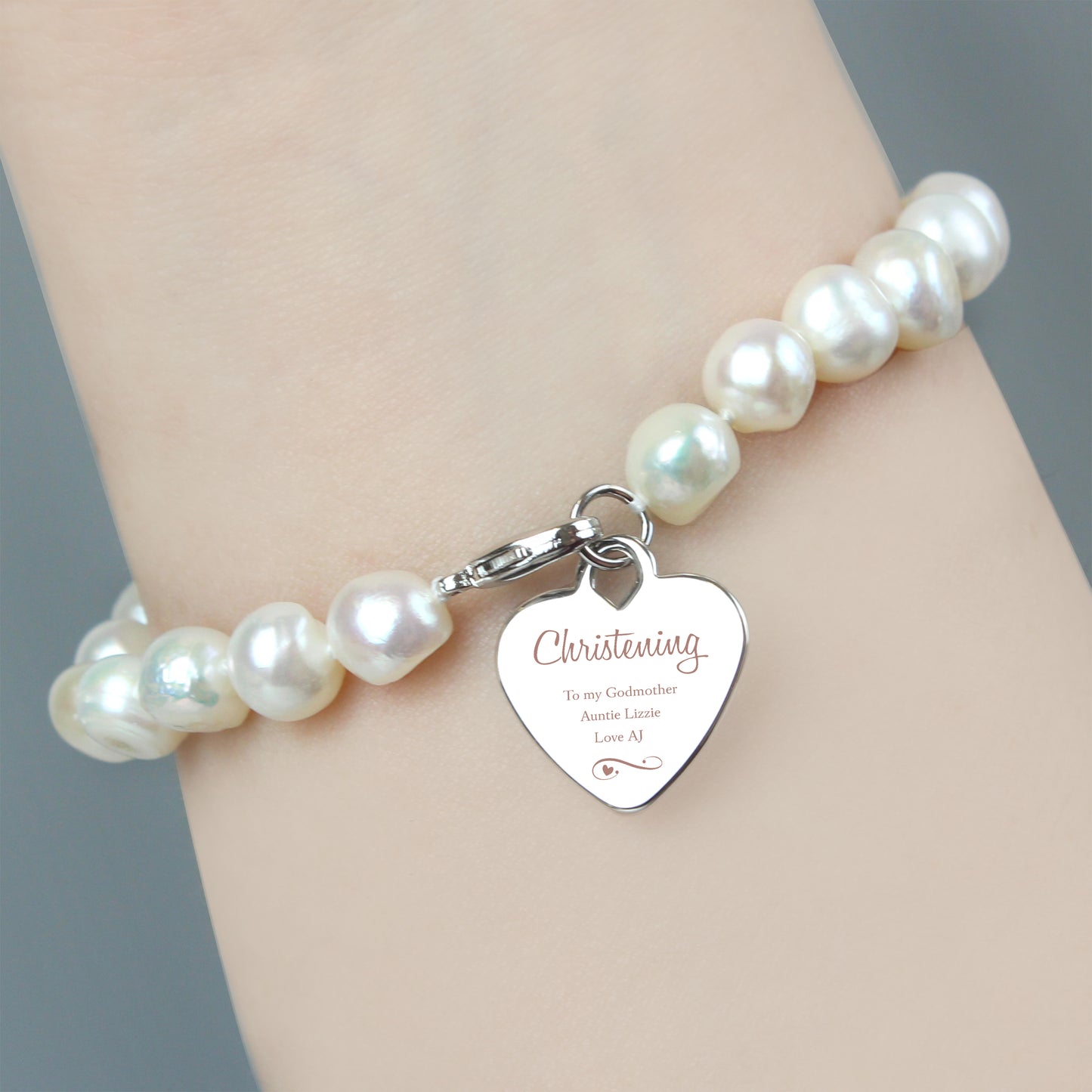 Personalised Christening Swirls & Hearts White Freshwater Pearl Bracelet - MK&JD Gifts