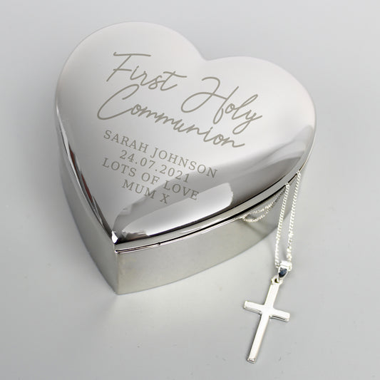 Personalised First Holy Communion Heart Trinket Box & Cross Necklace Set - MK&JD Gifts