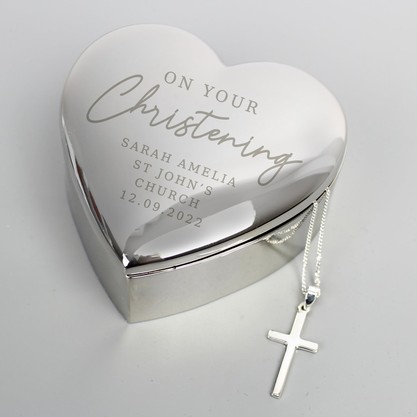 Personalised Christening Heart Trinket Box & Cross Necklace Set - MK&JD Gifts