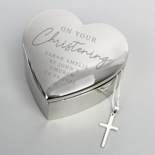 Personalised Christening Heart Trinket Box & Cross Necklace Set - MK&JD Gifts