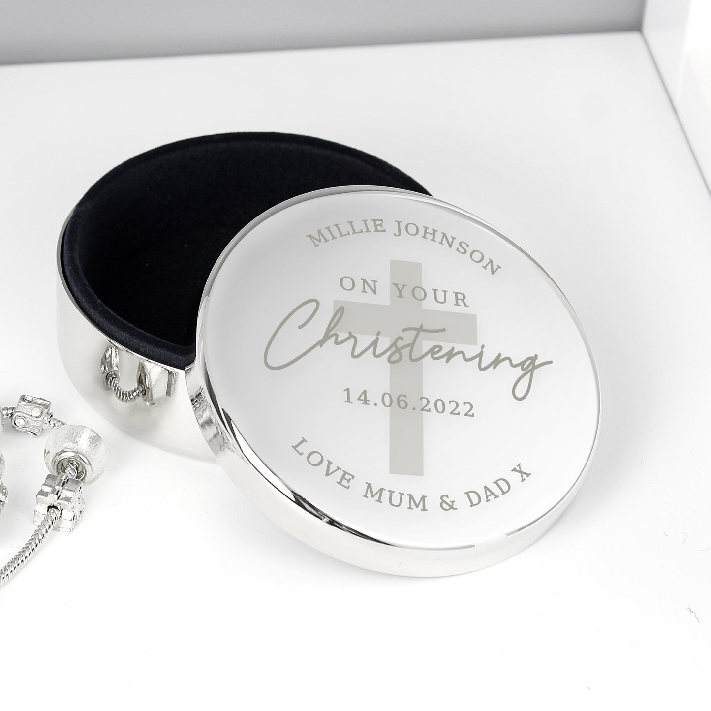 Personalised Christening Round Trinket Box - MK&JD Gifts