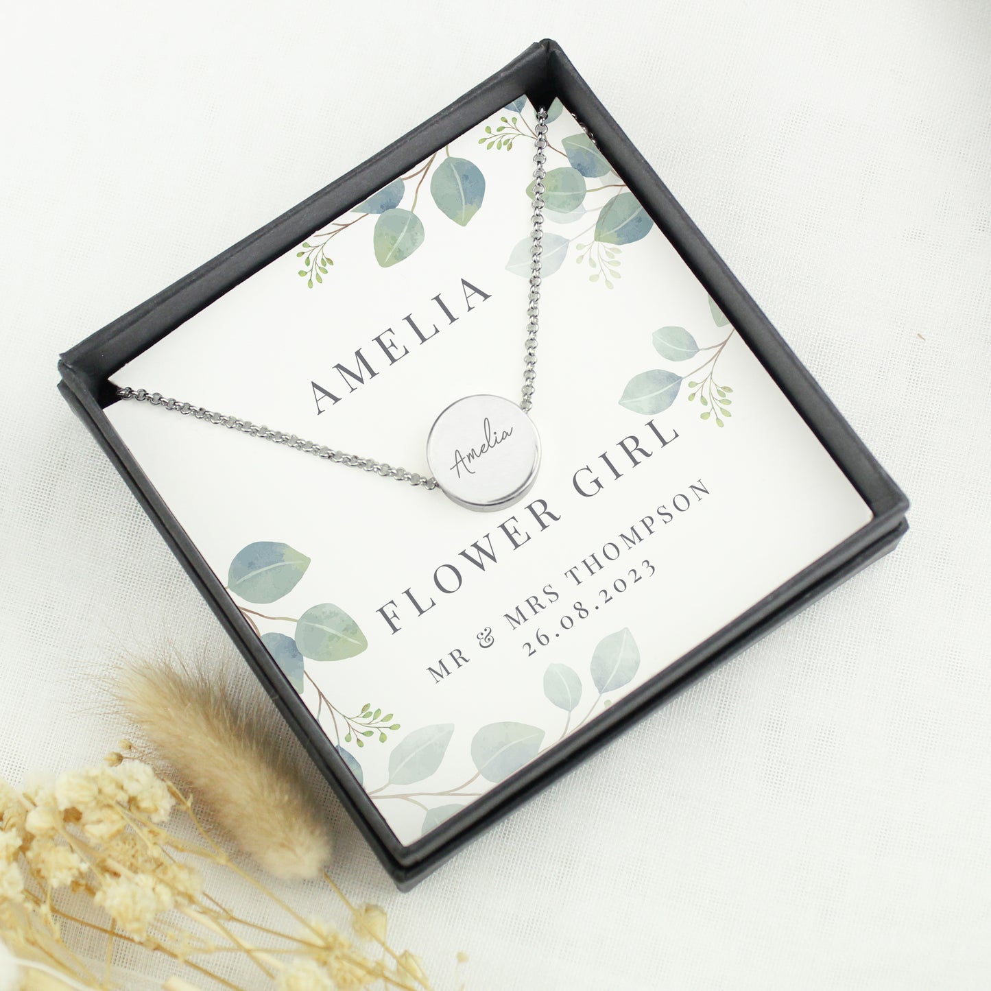 Personalised Botanical Sentiment Silver Tone Necklace and Box - MK&JD Gifts