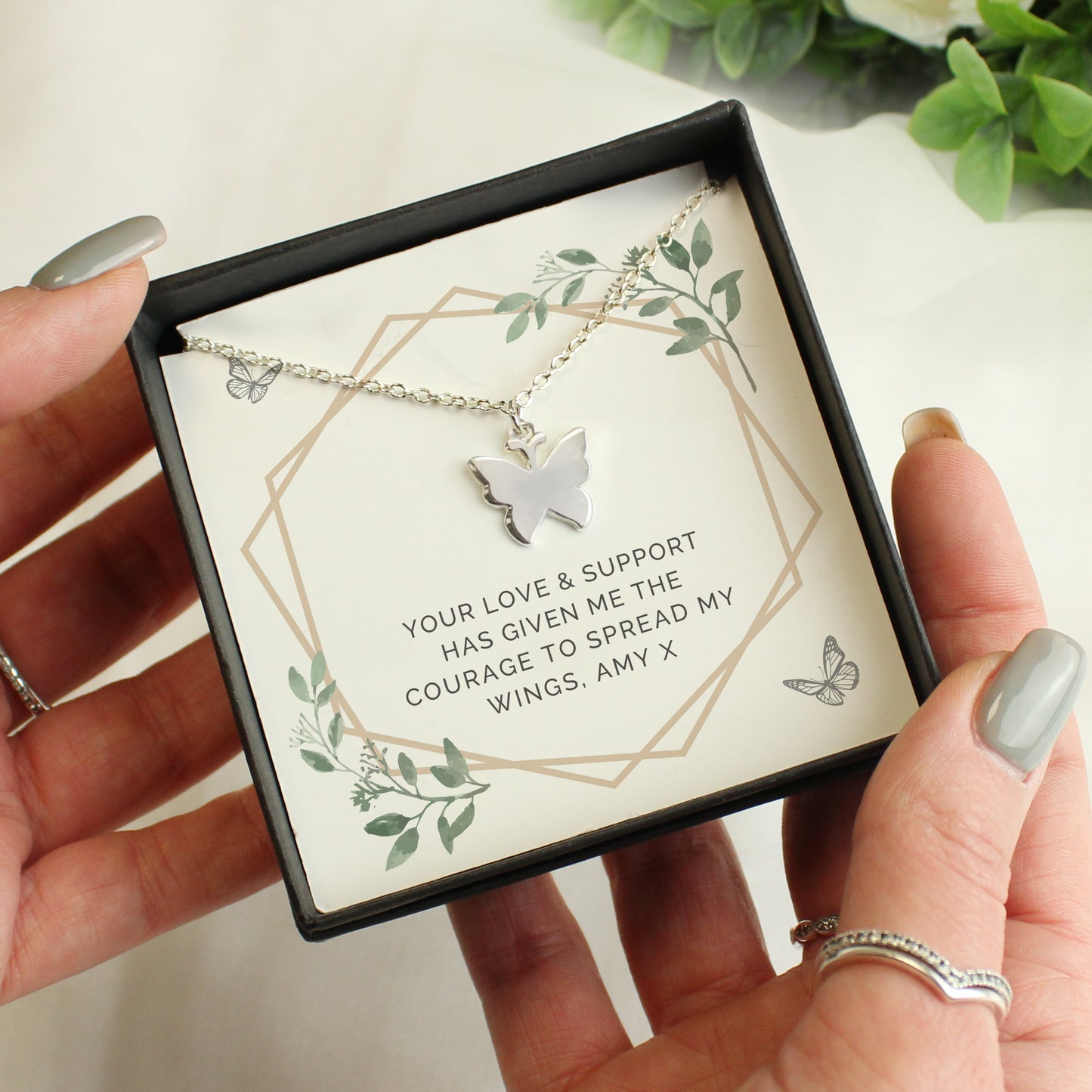 Personalised Botanical Sentiment Butterfly Necklace and Box - MK&JD Gifts
