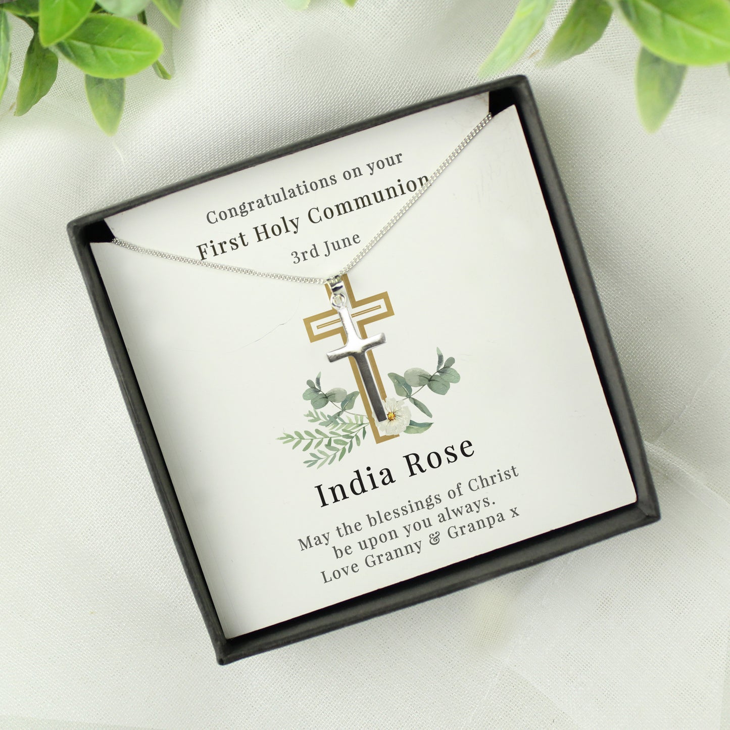 Personalised Floral Religious Sentiment Cross Necklace and Box - MK&JD Gifts