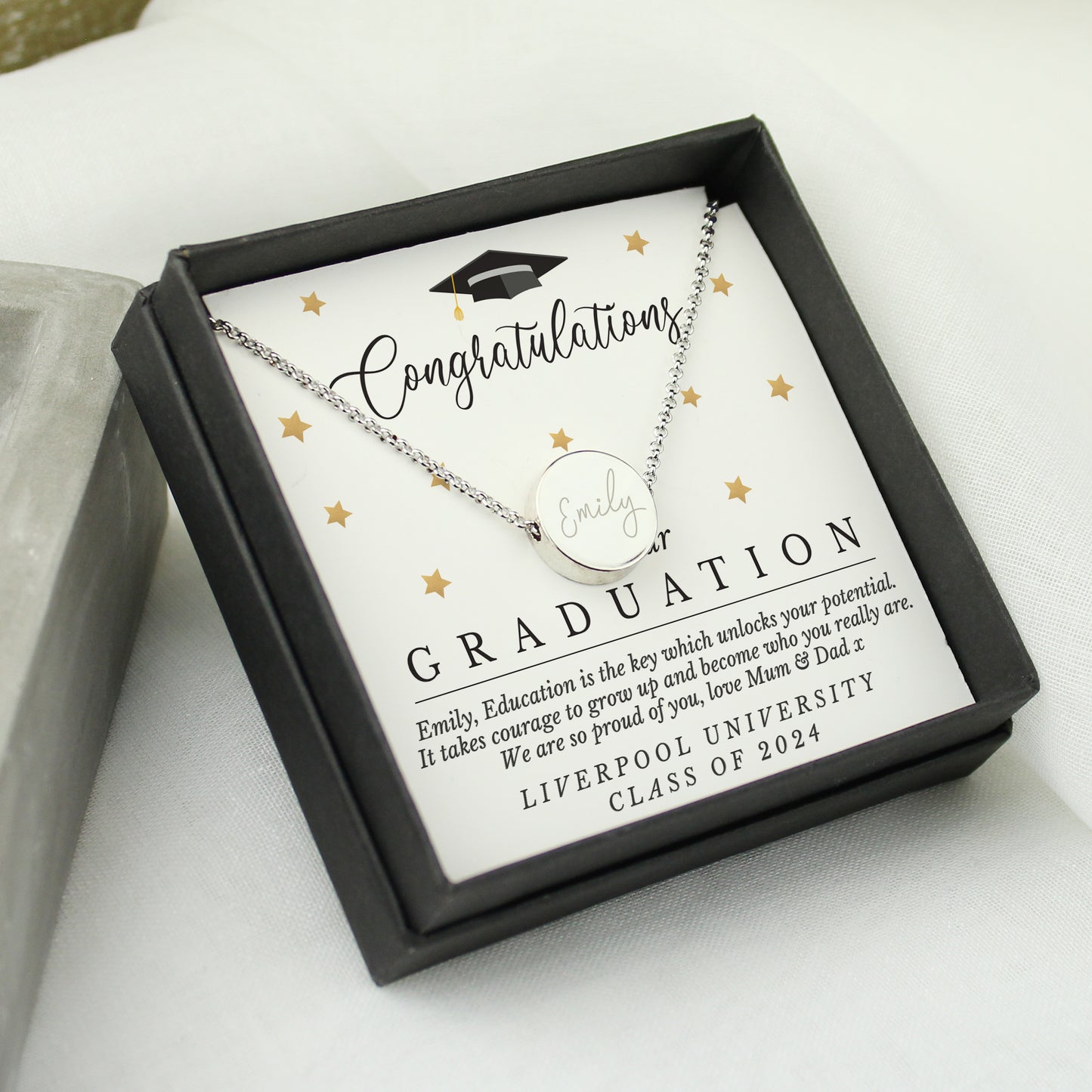 Personalised Graduation Sentiment Silver Tone Necklace and Box - MK&JD Gifts