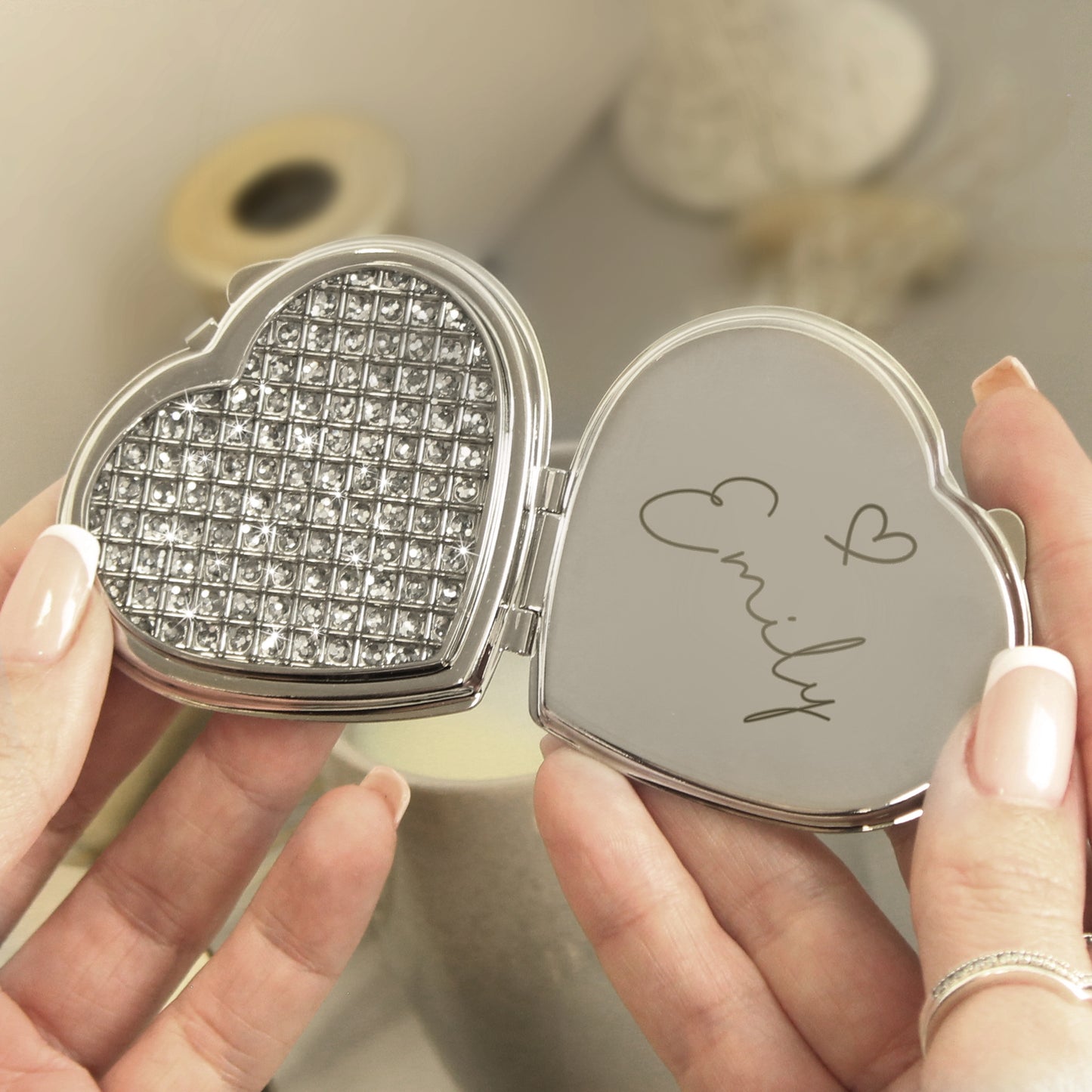 Personalised Name Diamante Heart Compact Mirror - MK&JD Gifts