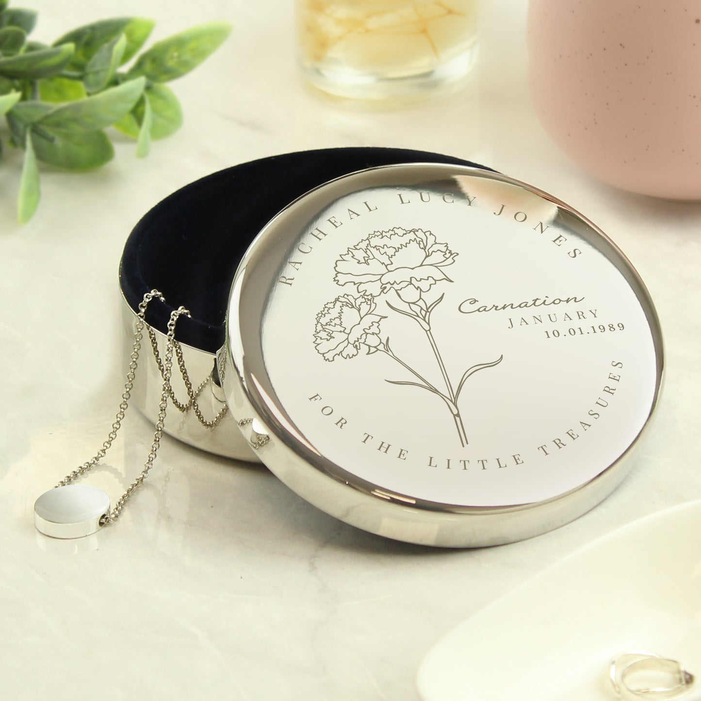 Personalised January Birth Flower Round Trinket Box - MK&JD Gifts