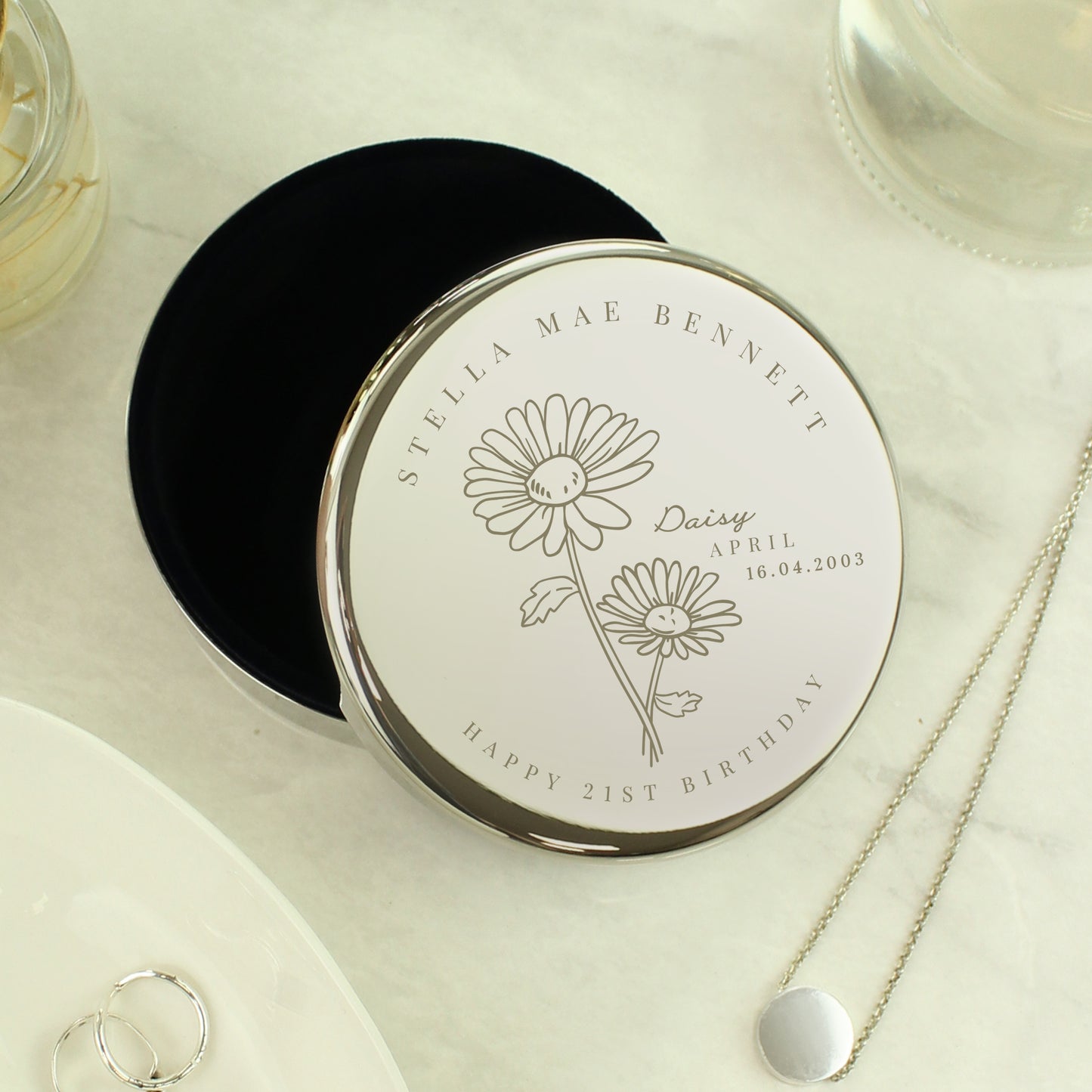 Personalised April Birth Flower Round Trinket Box - MK&JD Gifts