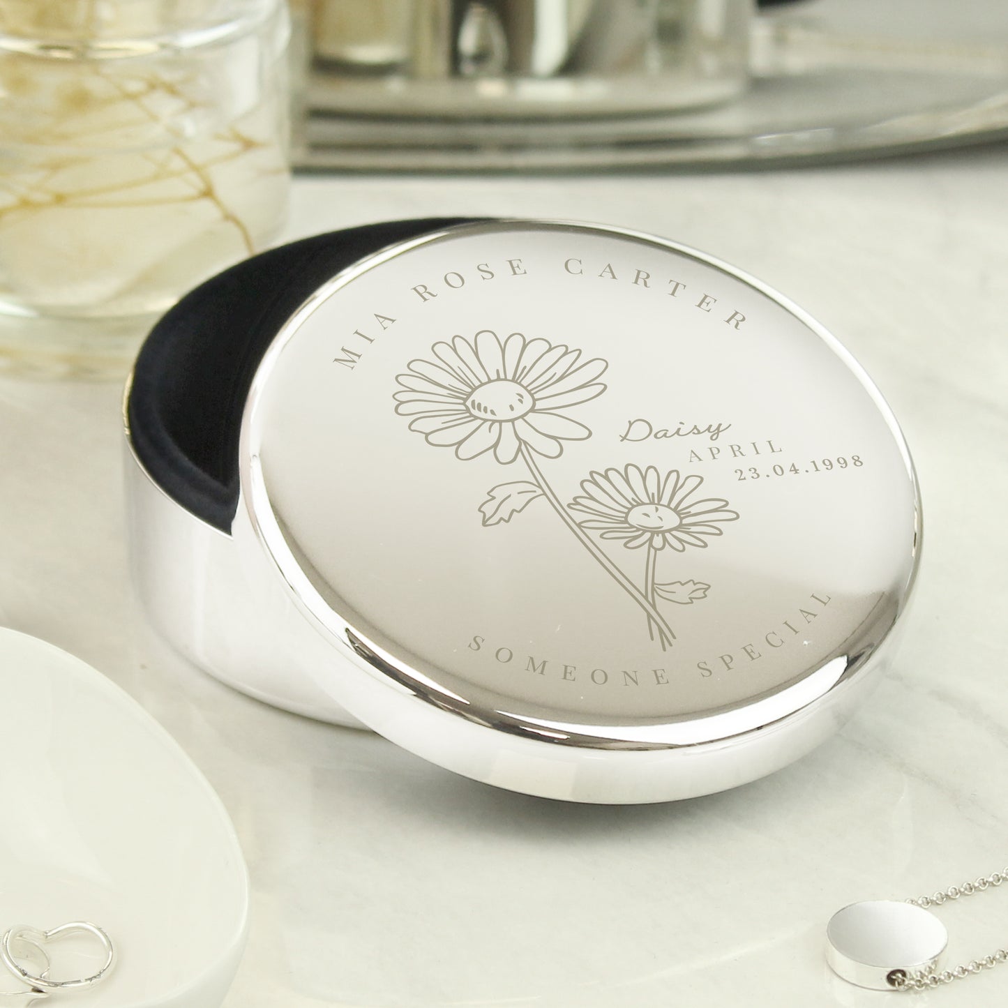 Personalised April Birth Flower Round Trinket Box - MK&JD Gifts