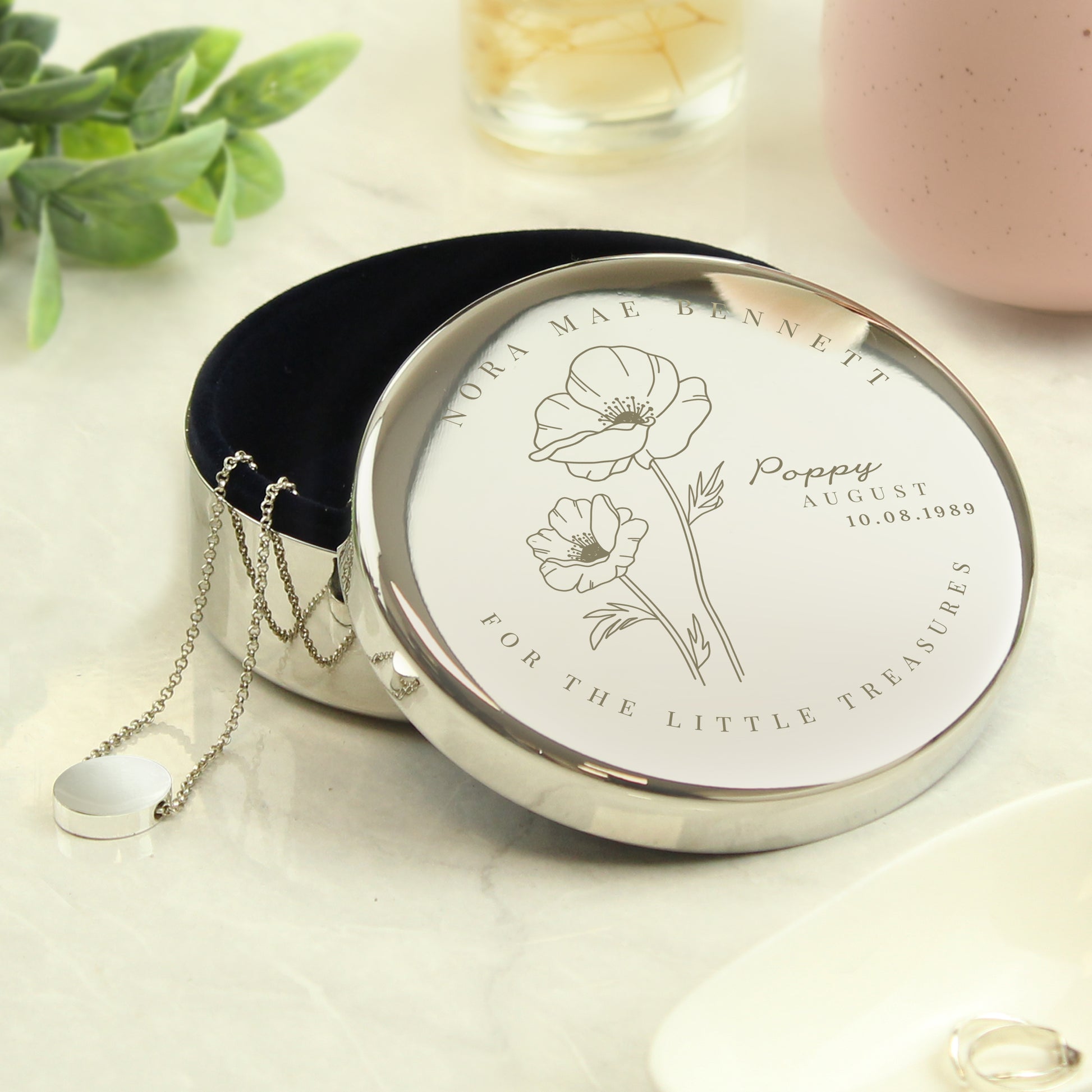 Personalised August Birth Flower Round Trinket Box - MK&JD Gifts