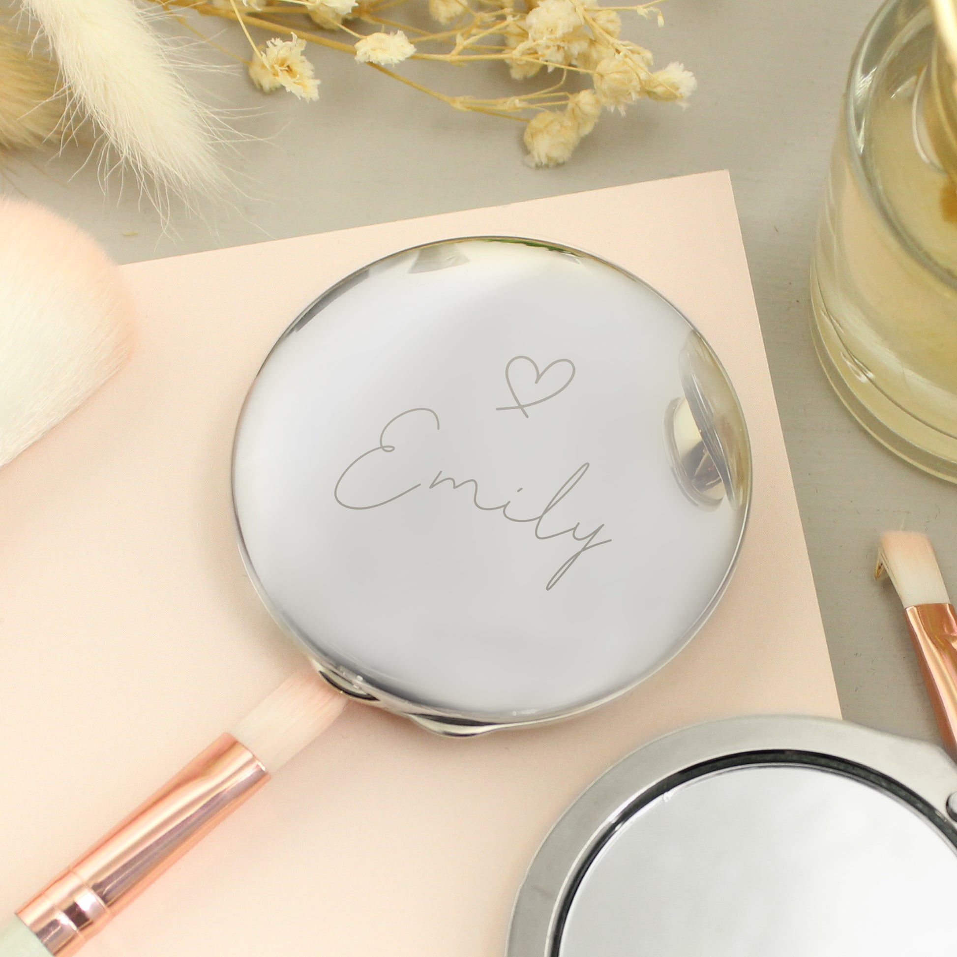Personalised Silver Heart Motif Round Compact mirror - MK&JD Gifts