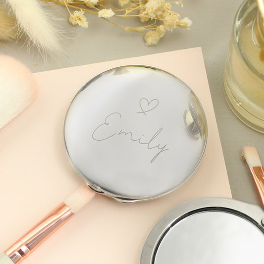 Personalised Silver Heart Motif Round Compact mirror - MK&JD Gifts