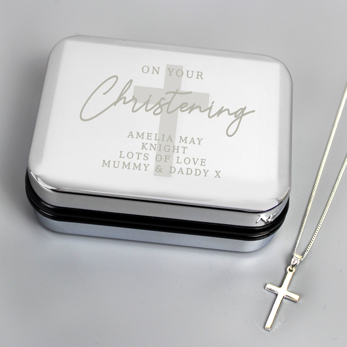 Personalised Christening Trinket Box & Sterling Silver Cross Necklace Set - MK&JD Gifts