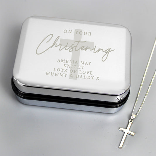 Personalised Christening Trinket Box & Sterling Silver Cross Necklace Set - MK&JD Gifts