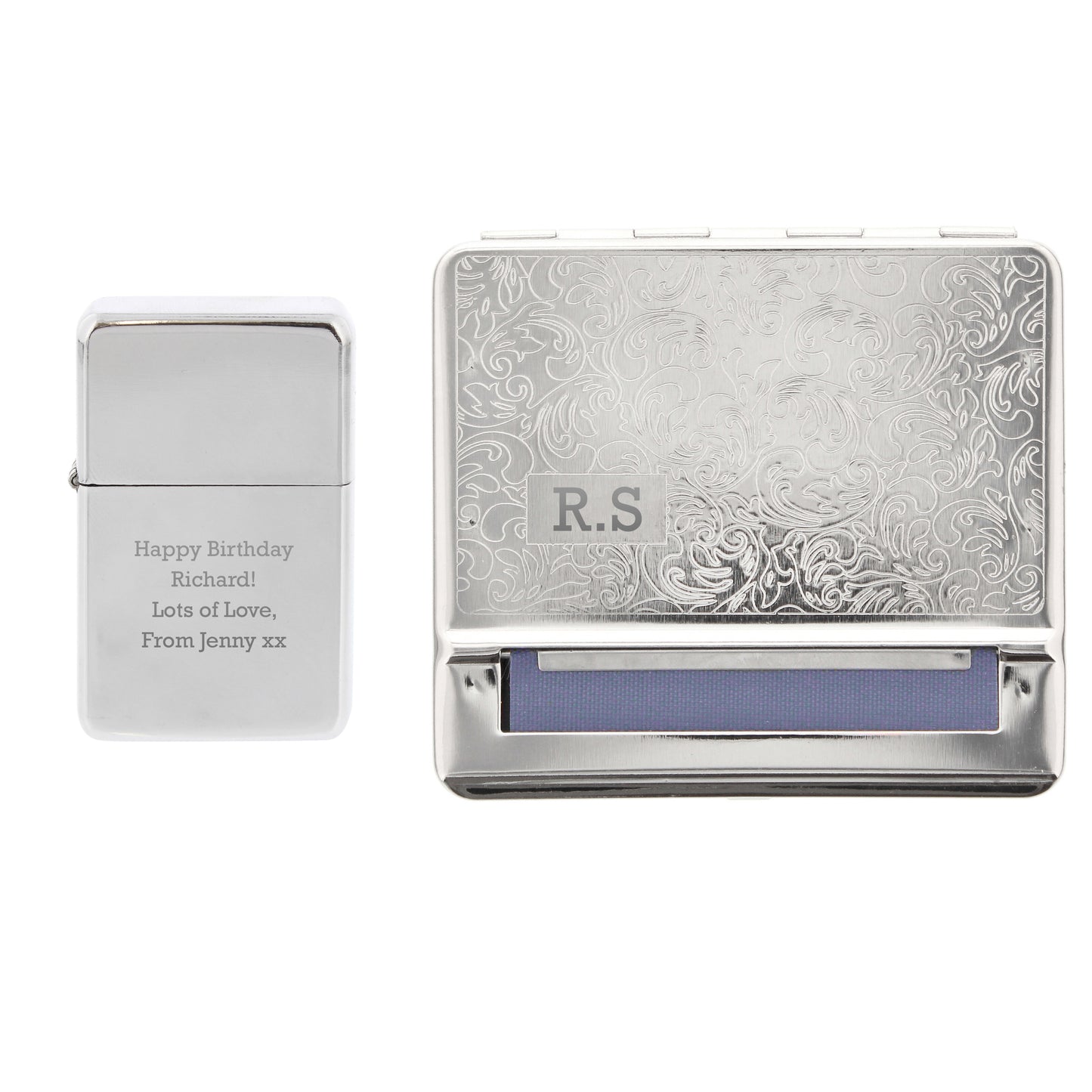 Personalised Tobacco Rolling Tin and Silver Lighter Set - MK&JD Gifts