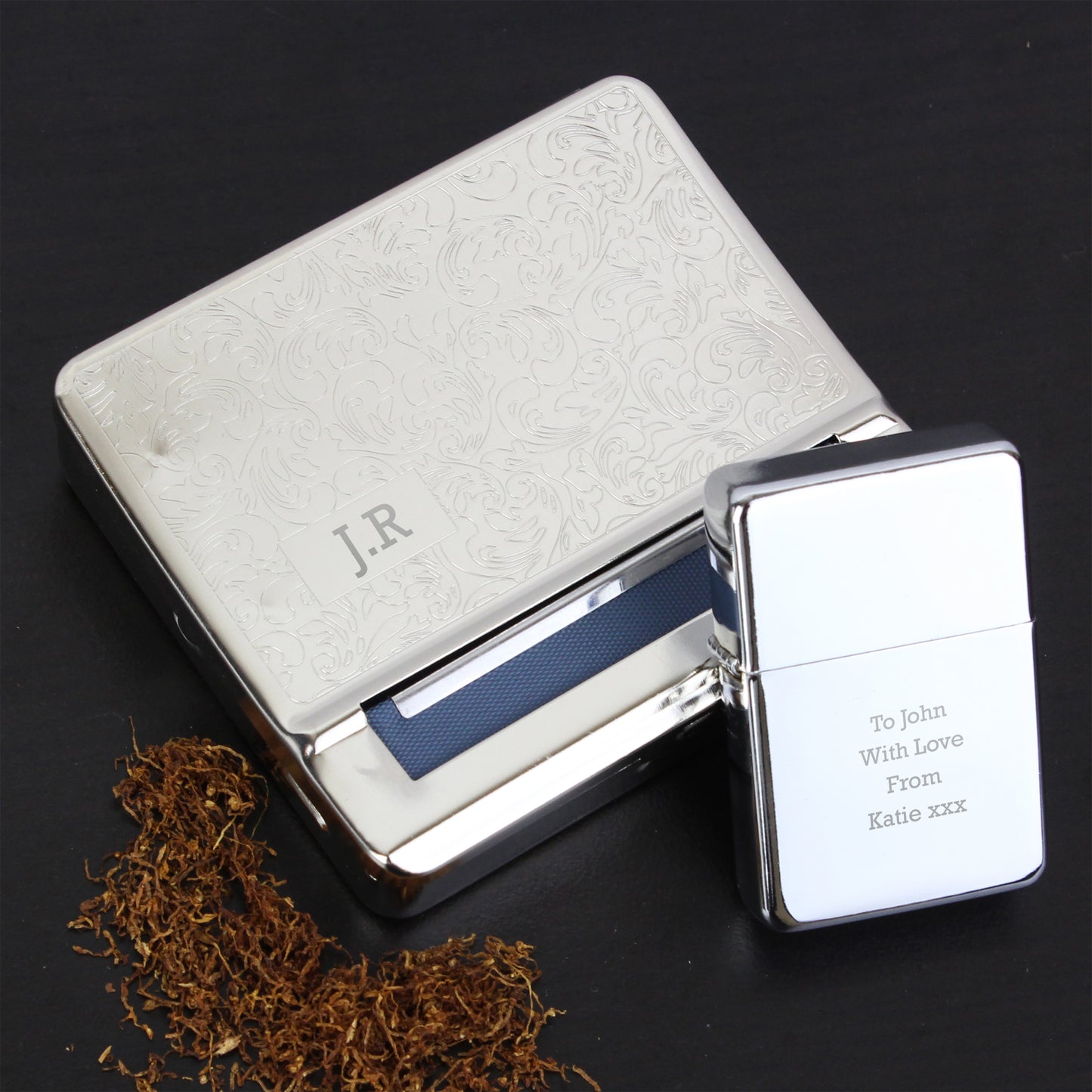 Personalised Tobacco Rolling Tin and Silver Lighter Set - MK&JD Gifts