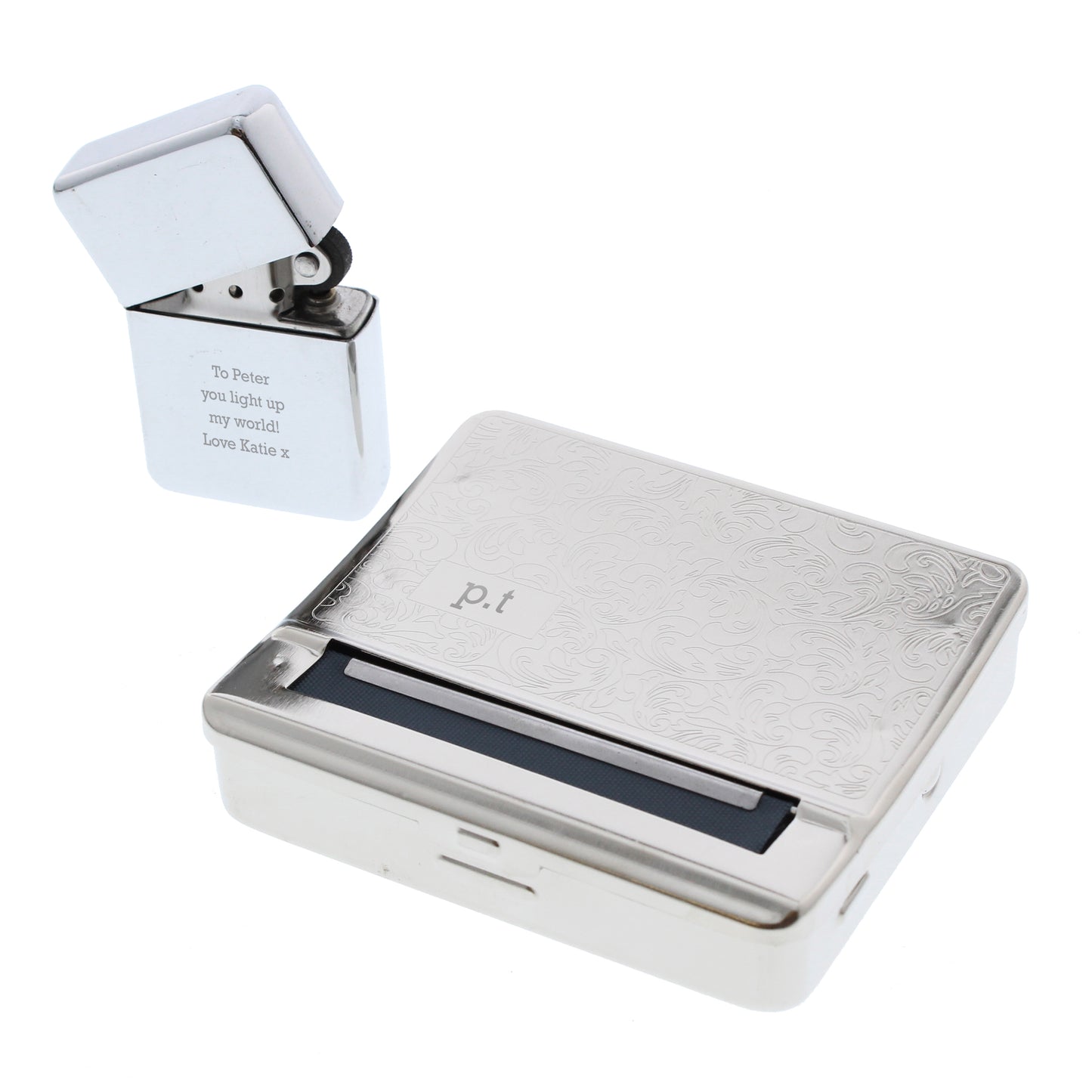 Personalised Tobacco Rolling Tin and Silver Lighter Set - MK&JD Gifts