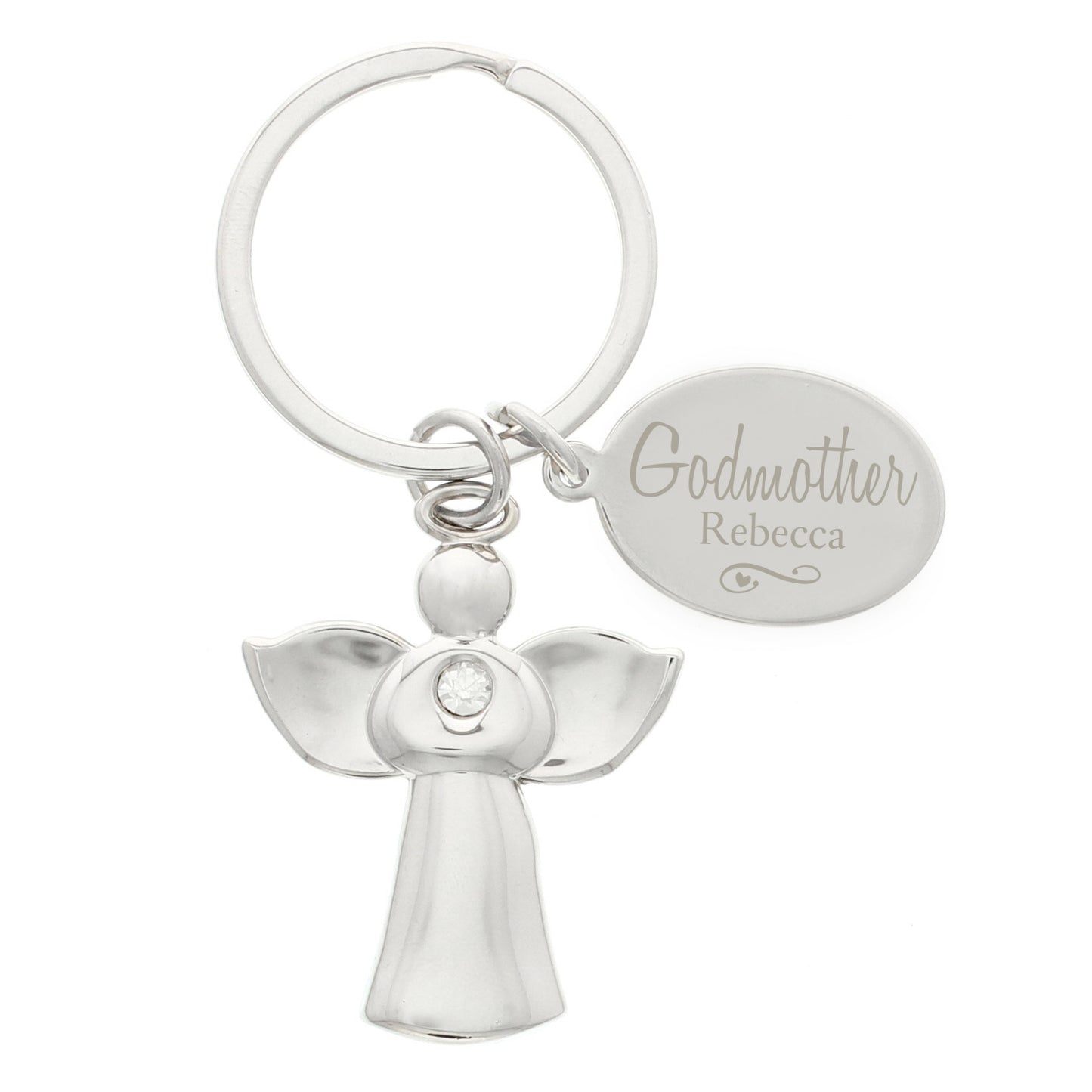 Personalised Silver Plated Swirls & Hearts Godmother Angel Keyring - MK&JD Gifts