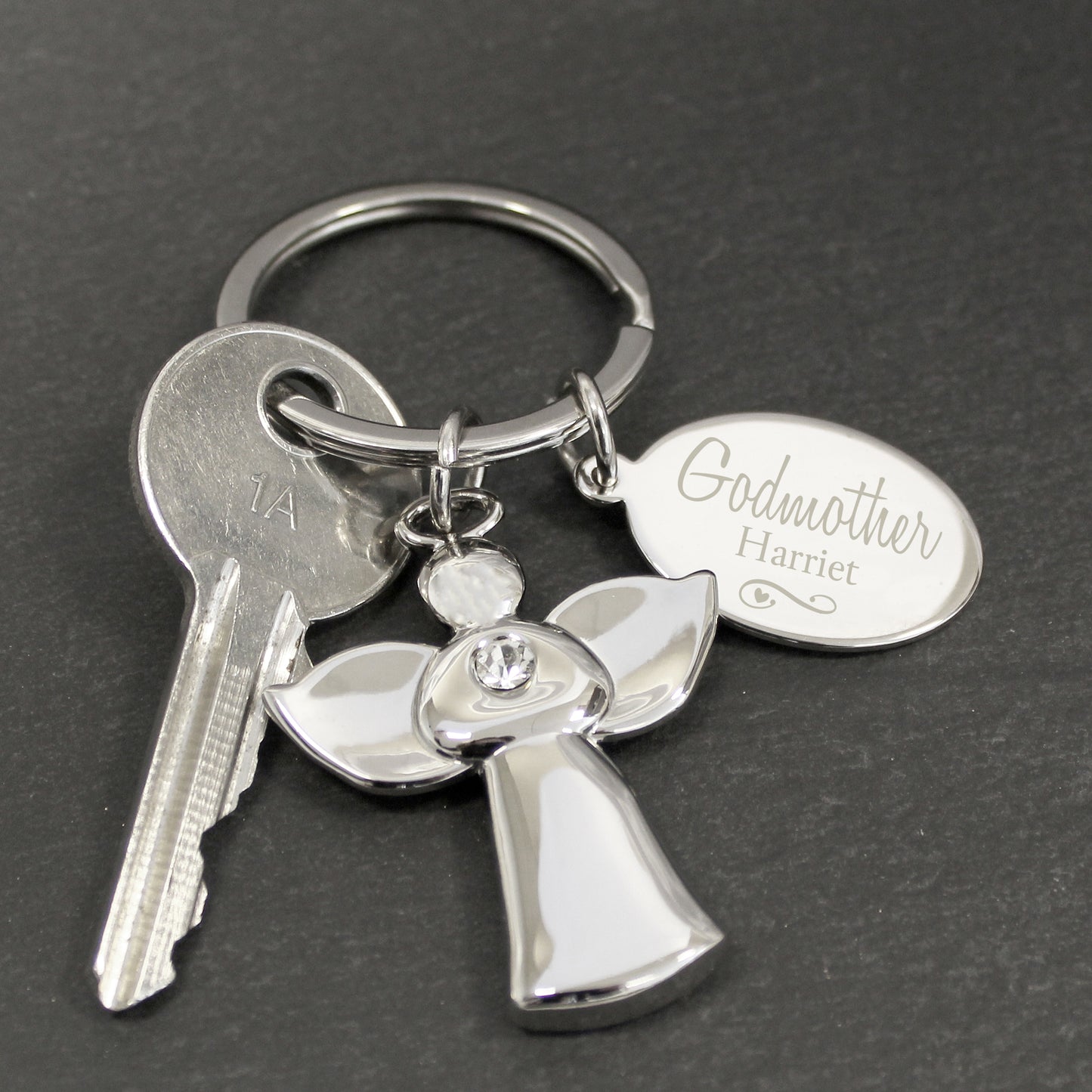 Personalised Silver Plated Swirls & Hearts Godmother Angel Keyring - MK&JD Gifts