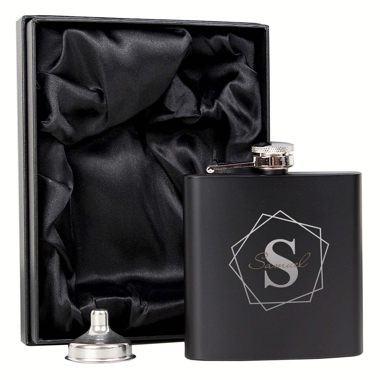 Personalised Geometric Initial Black Hip Flask - MK&JD Gifts