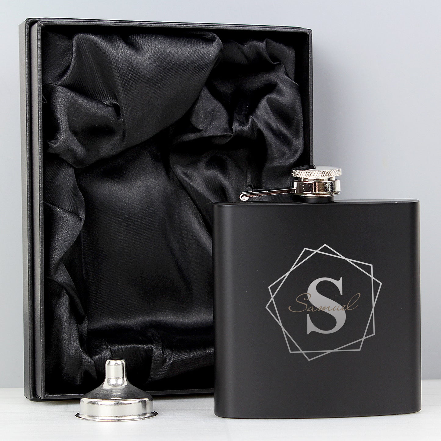 Personalised Geometric Initial Black Hip Flask - MK&JD Gifts