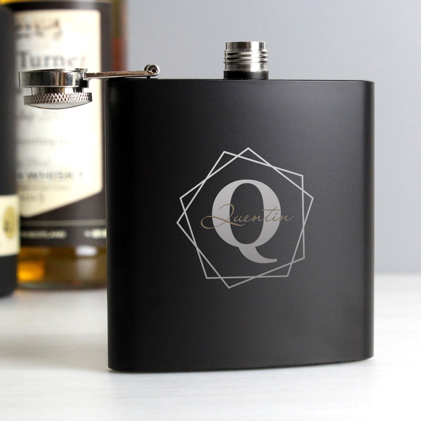 Personalised Geometric Initial Black Hip Flask - MK&JD Gifts