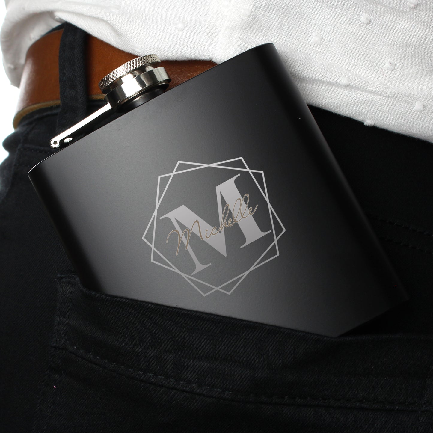 Personalised Geometric Initial Black Hip Flask - MK&JD Gifts