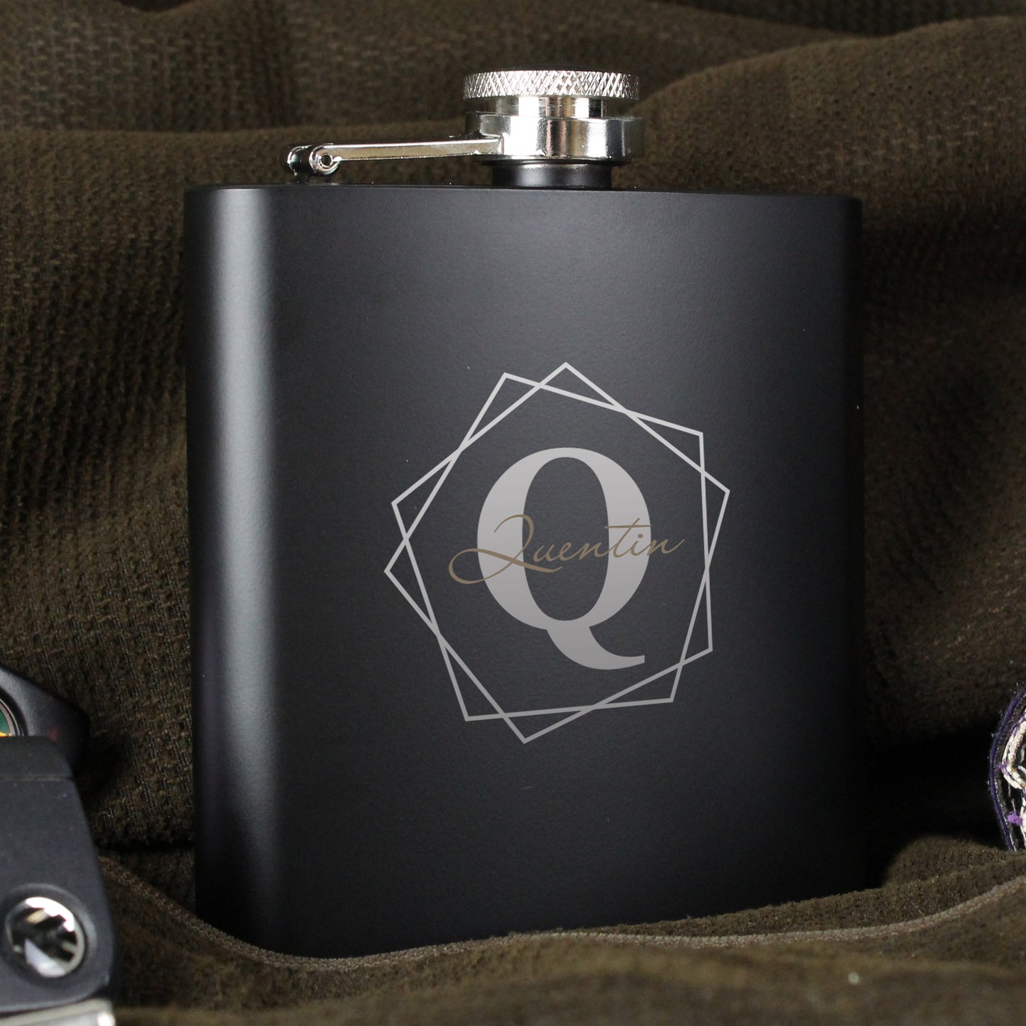 Personalised Geometric Initial Black Hip Flask - MK&JD Gifts